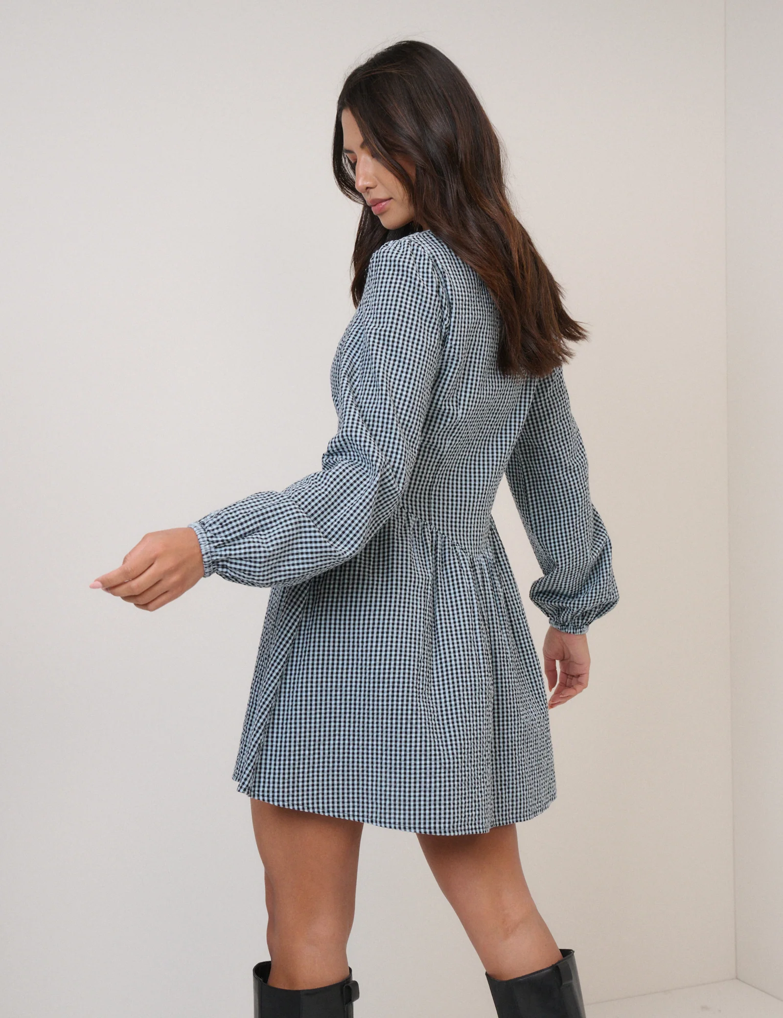 Blue Gingham Balloon Sleeve Mini Dress - Image 5