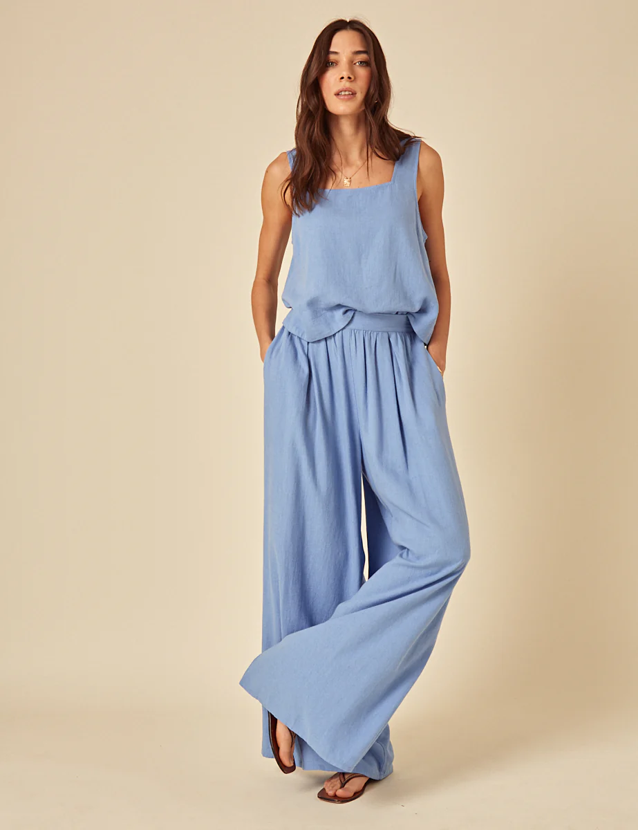 Blue Linen-Blend Wide Leg Jerrow Trousers - Image 4