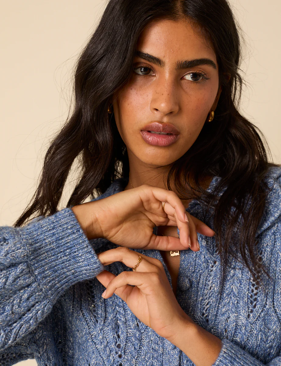 Blue Pointelle Collared Knitted Cardigan - Image 2