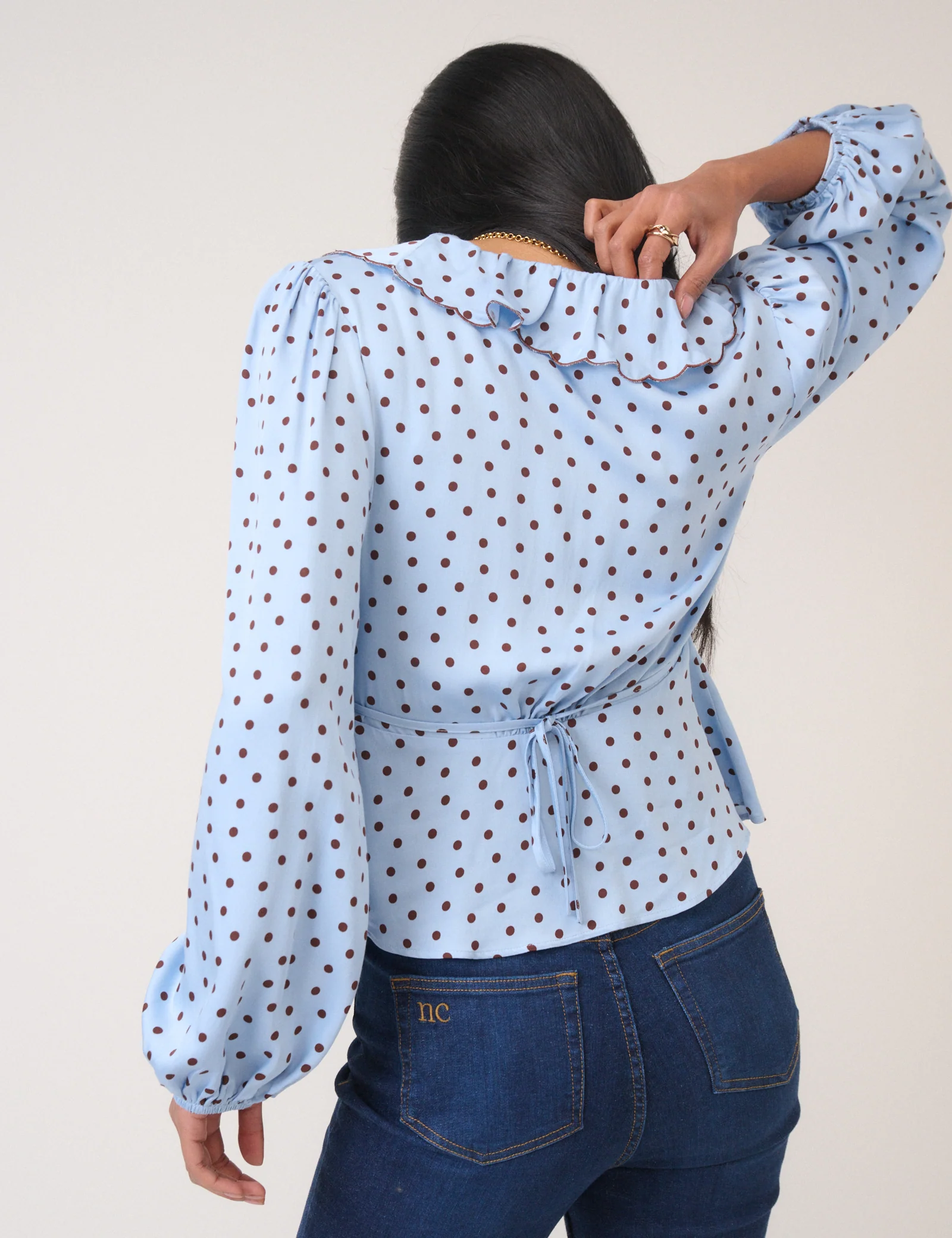 Blue Satin Polka Dot Blouse - Image 5