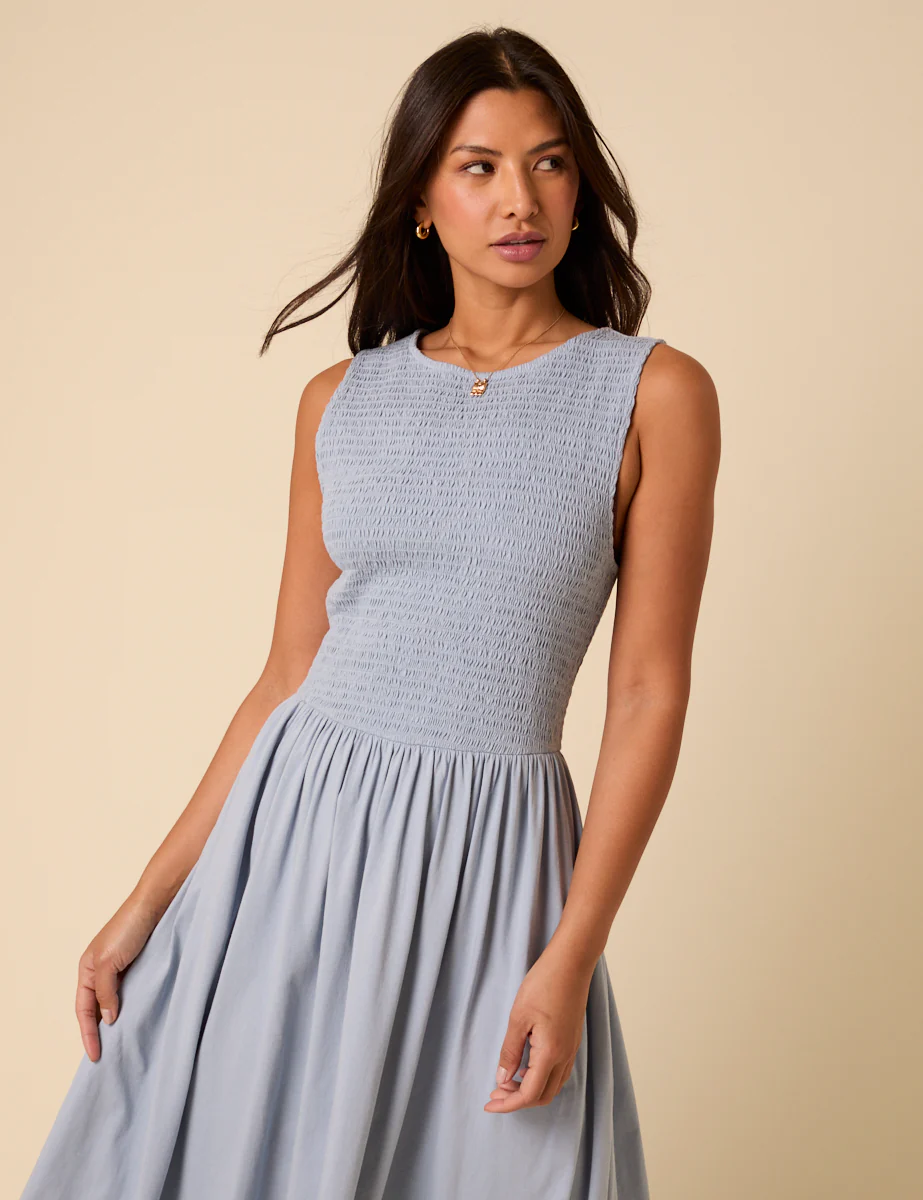 Blue Shirred Bodice Billie Jersey Midi Dress - Image 3