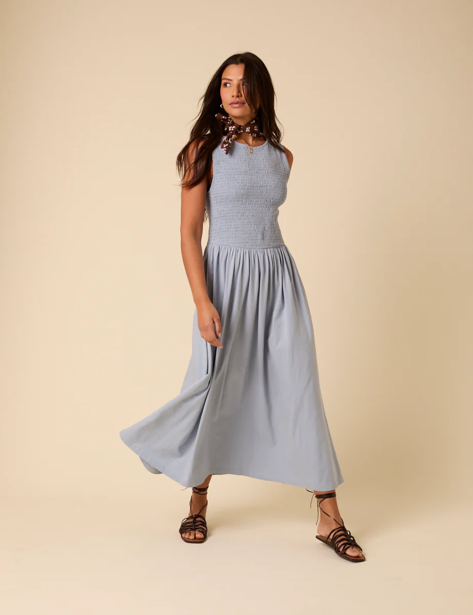 Blue Shirred Bodice Billie Jersey Midi Dress - Image 4