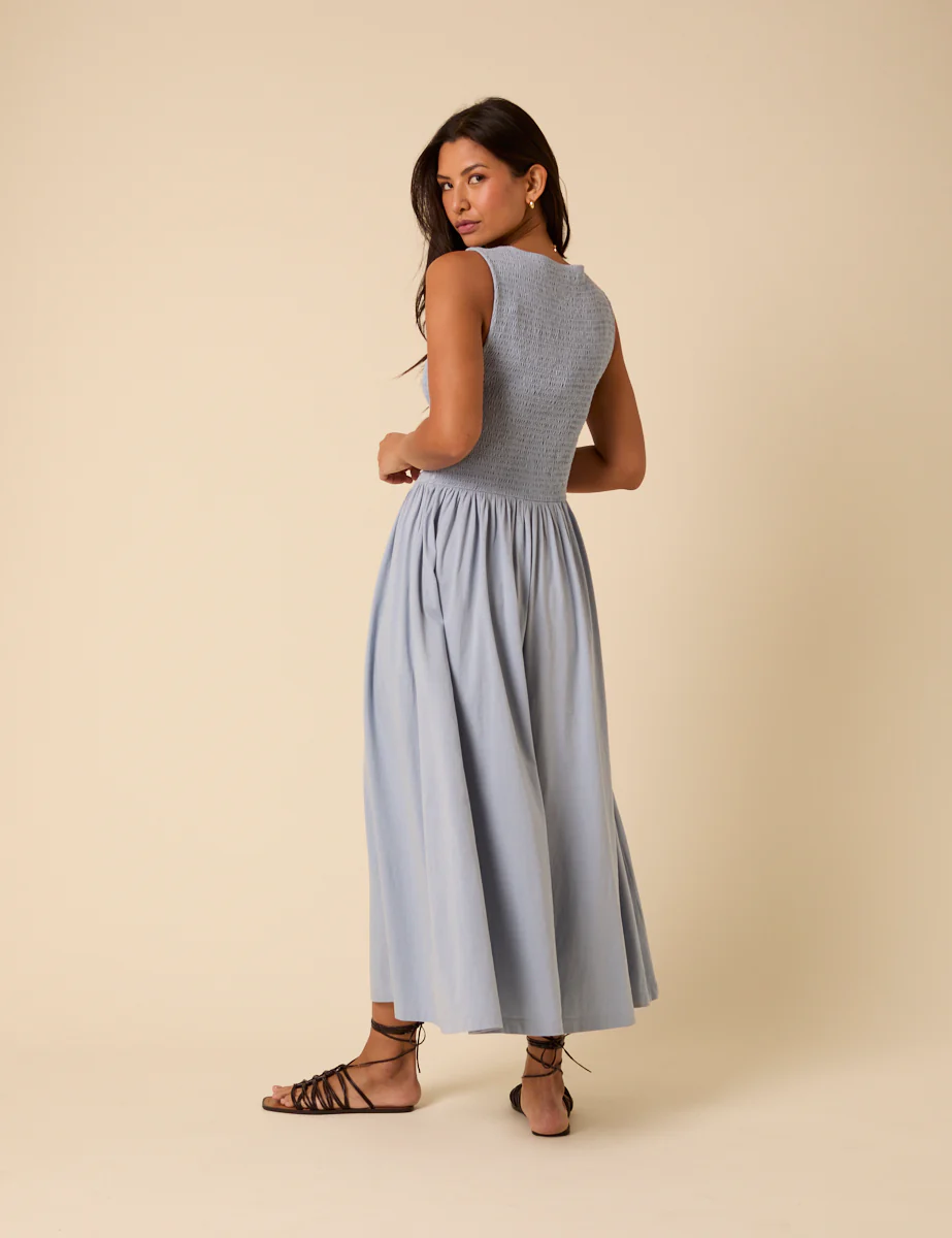 Blue Shirred Bodice Billie Jersey Midi Dress - Image 5