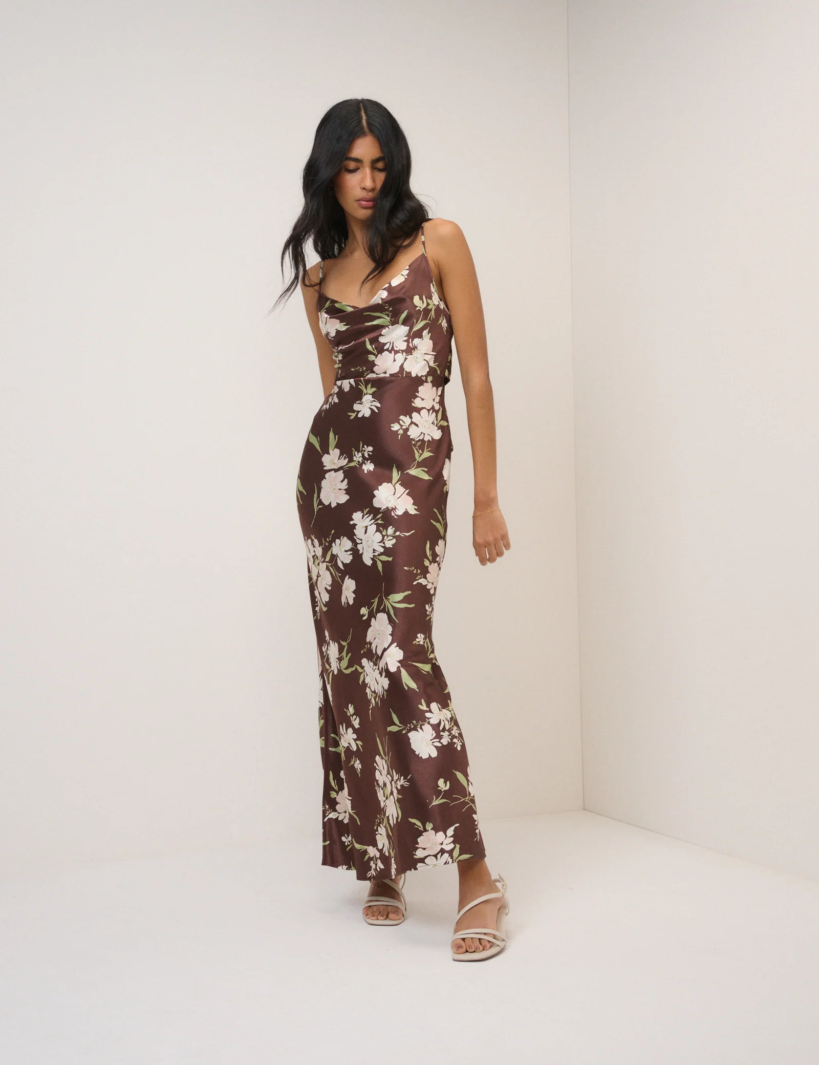 Chocolate Brown Floral Strappy Ellison Maxi Dress - Image 3