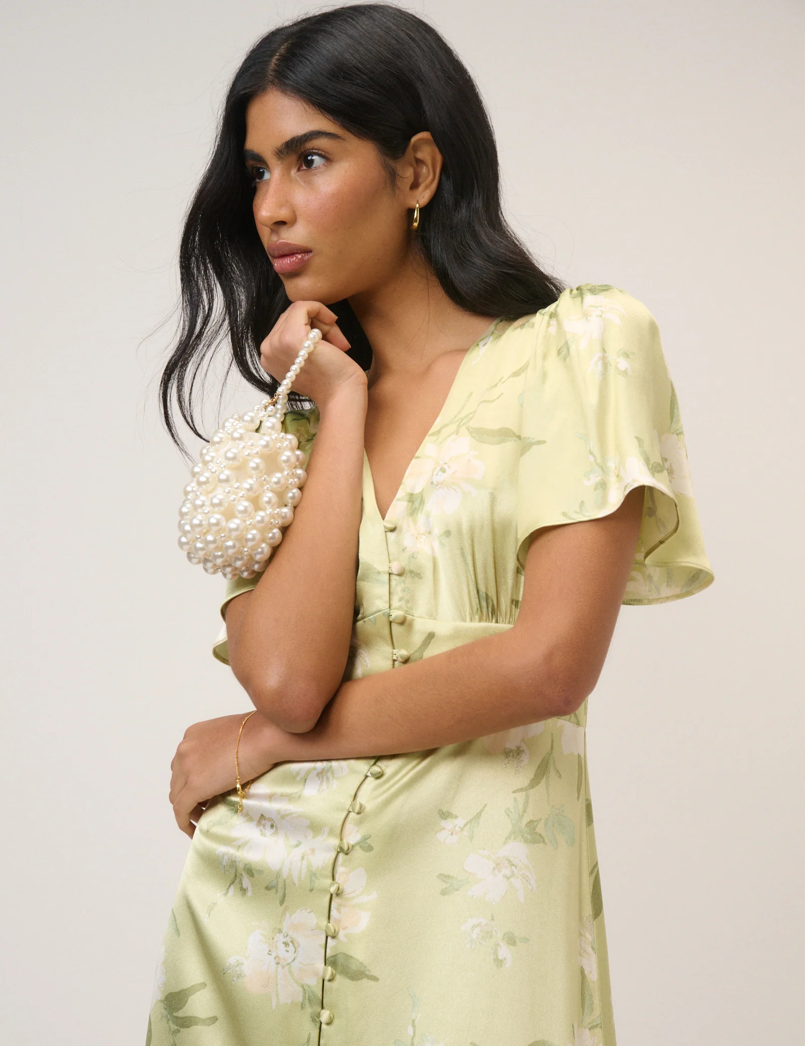 Sage Green Floral Satin Erin Midi Dress - Image 3
