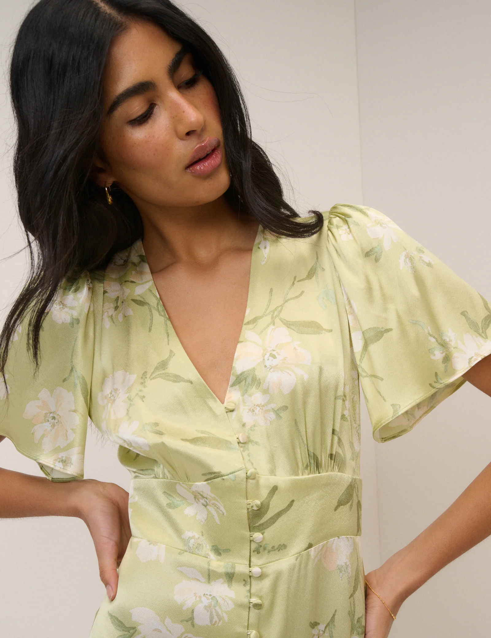 Sage Green Floral Satin Erin Midi Dress - Image 4