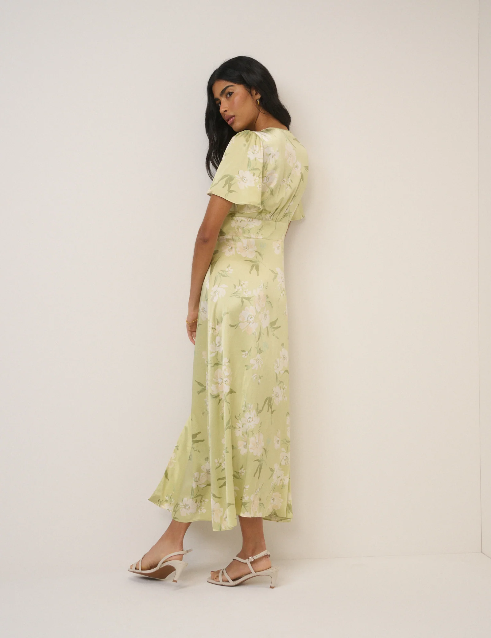 Sage Green Floral Satin Erin Midi Dress - Image 5