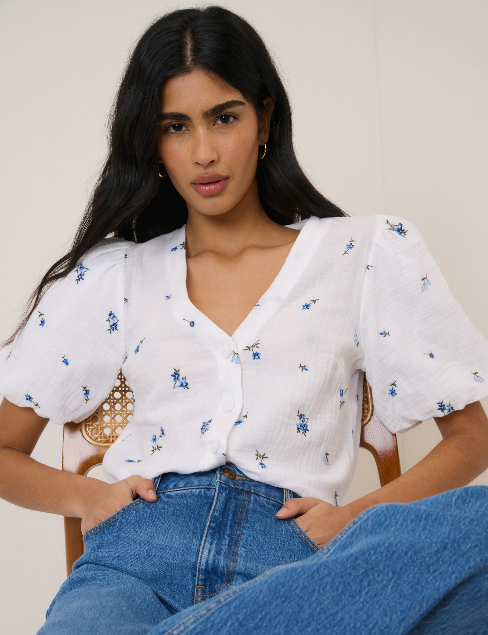White Ditsy Floral Puff Sleeve Top - Image 3