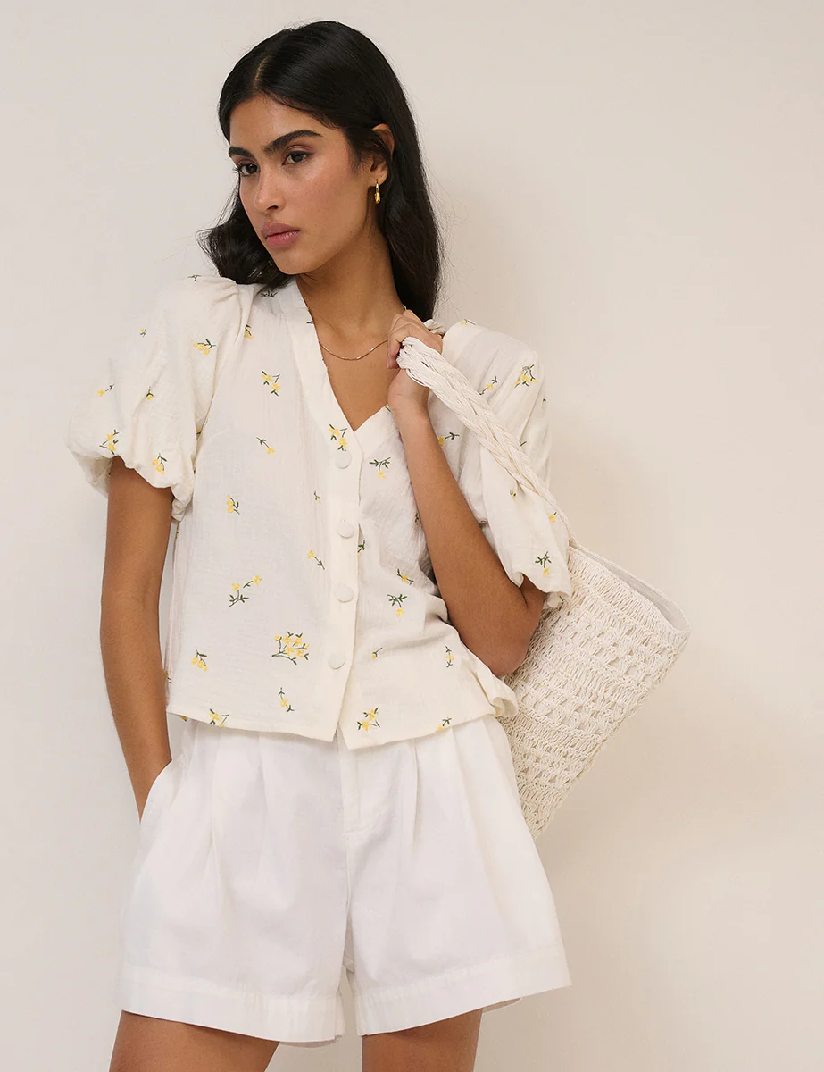 White Ditsy Floral Puff Sleeve Top - Image 3