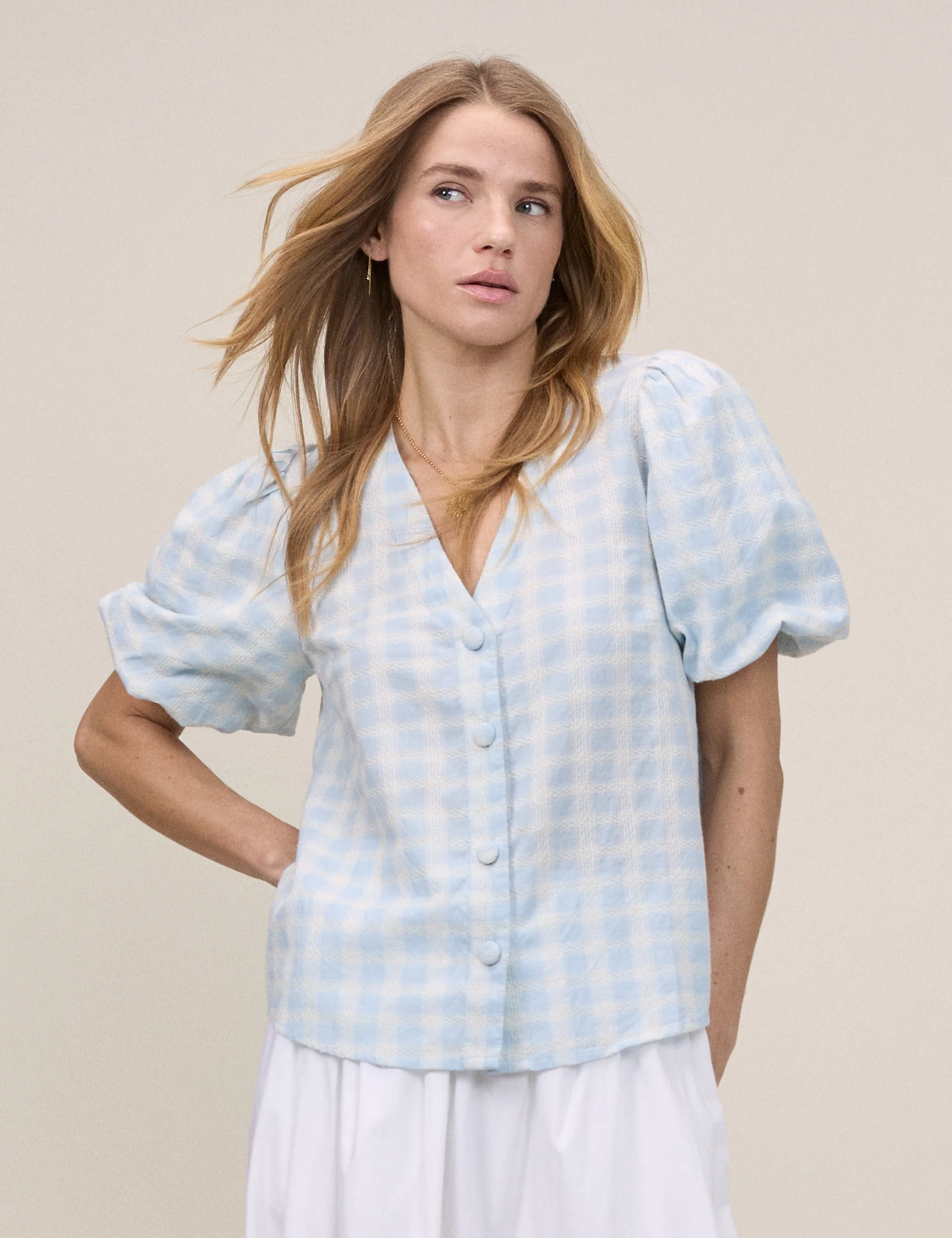 Blue Gingham Puff Sleeve Top