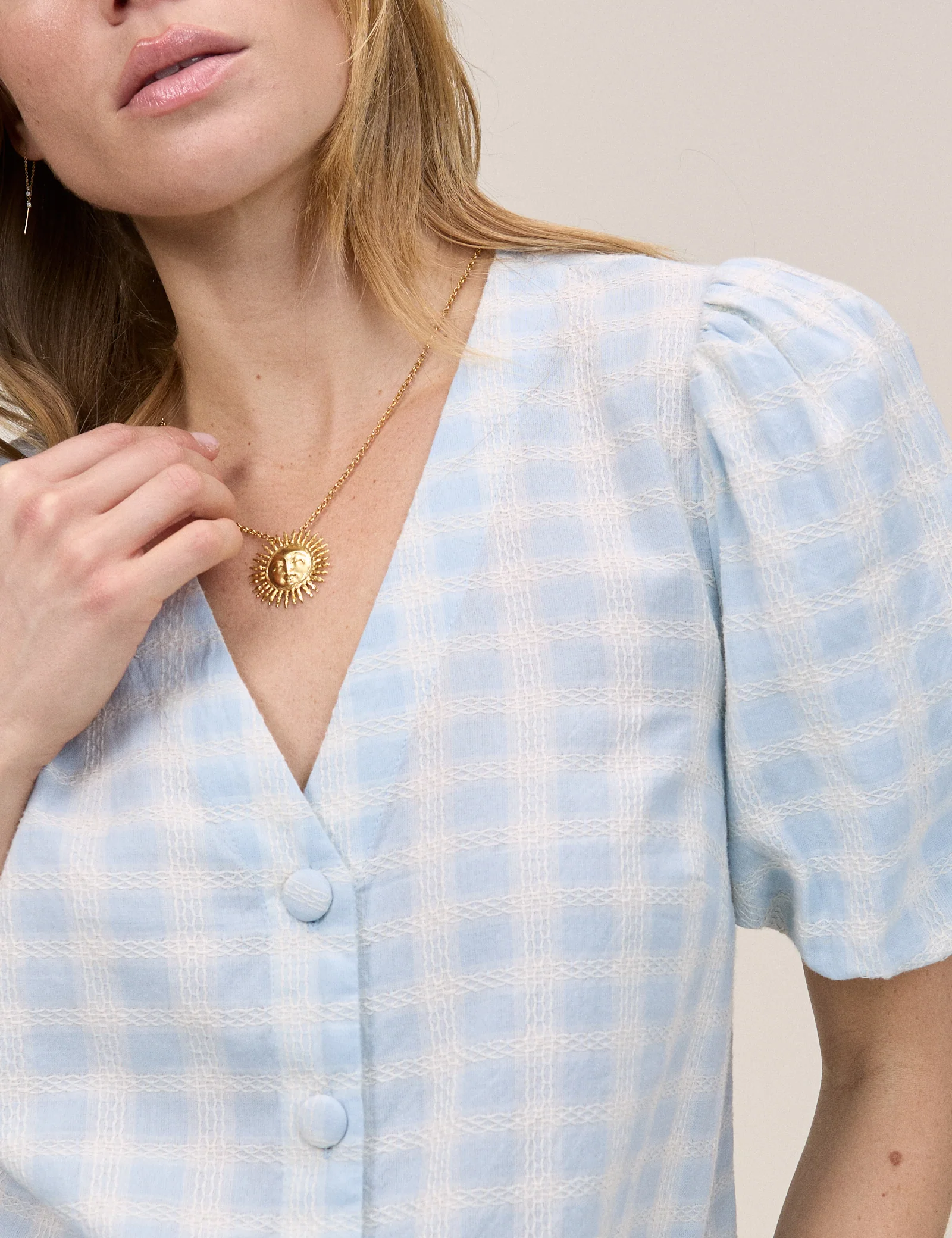 Blue Gingham Puff Sleeve Top - Image 2