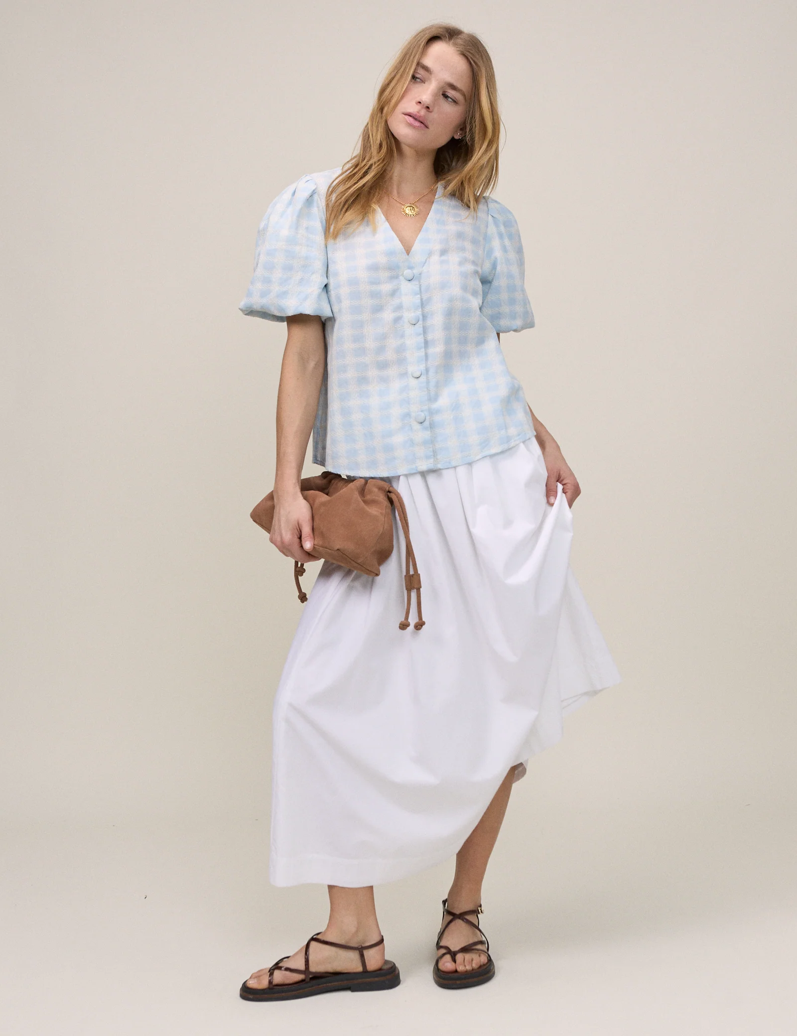 Blue Gingham Puff Sleeve Top - Image 3