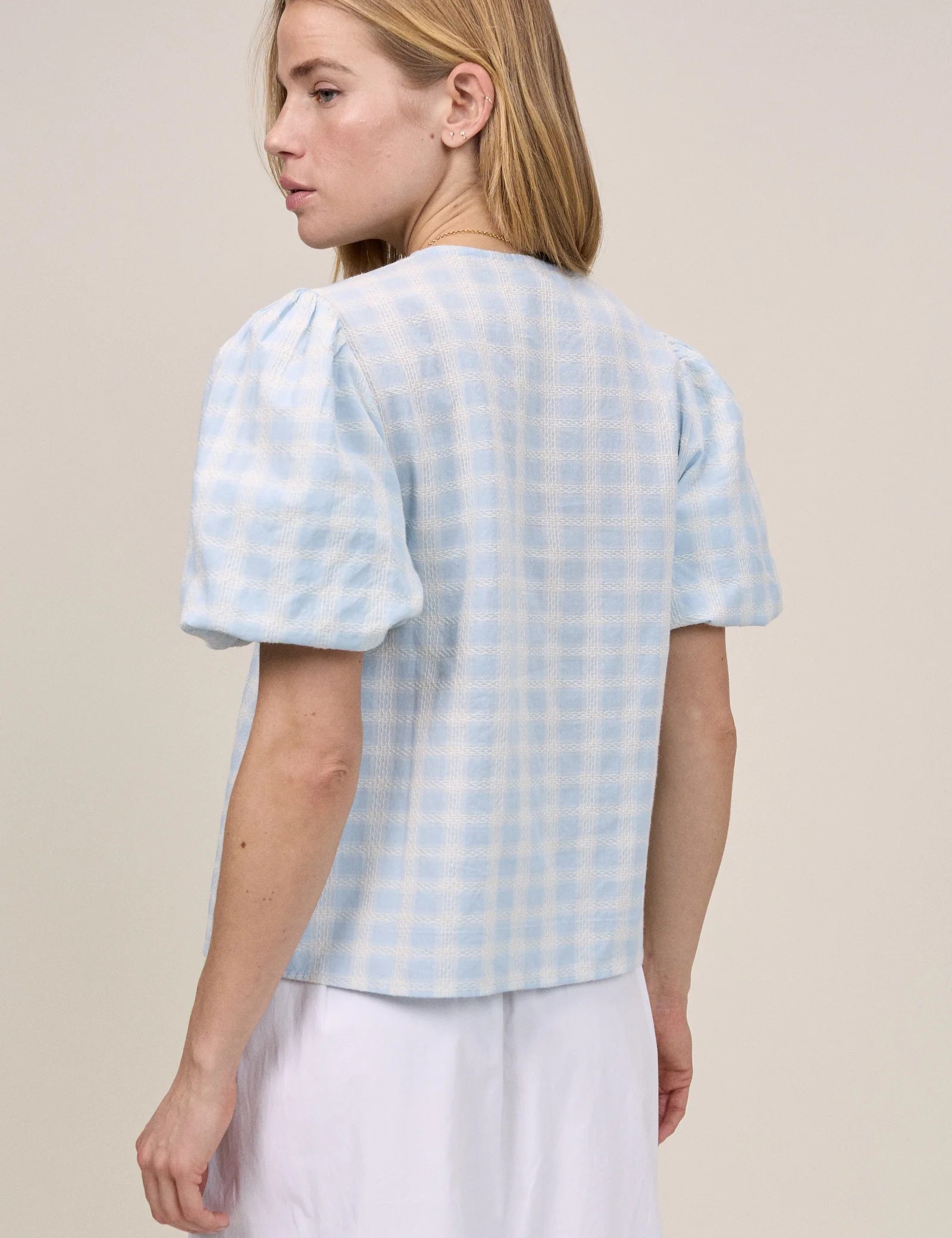 Blue Gingham Puff Sleeve Top - Image 4
