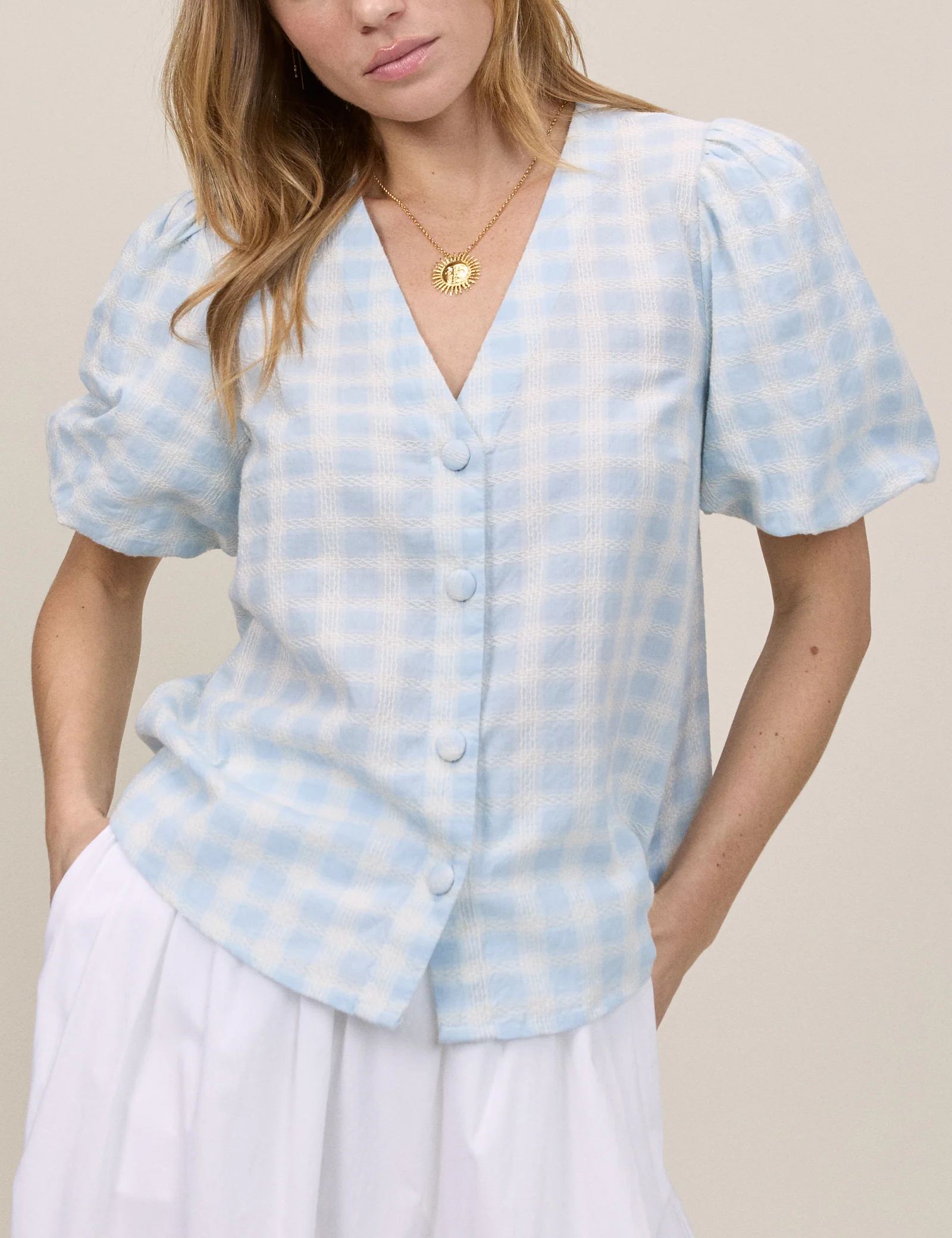 Blue Gingham Puff Sleeve Top - Image 5