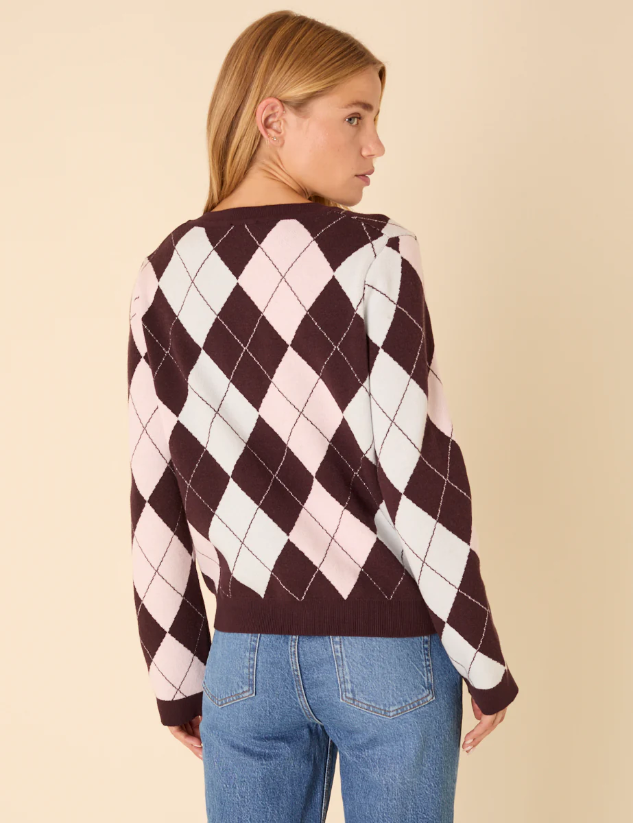 Brown And Pink Argyle Print Cardigan - Image 5