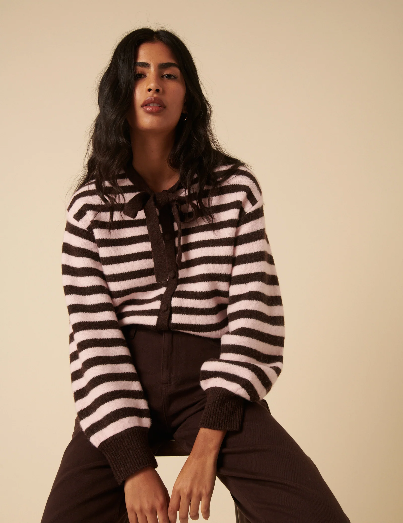 Brown And Pink Striped Tie Neck Cardigan - Image 2