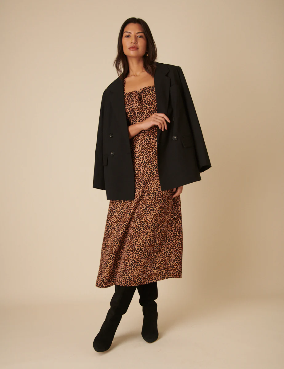 Brown Leopard Print Prarie Midi Dress - Image 3