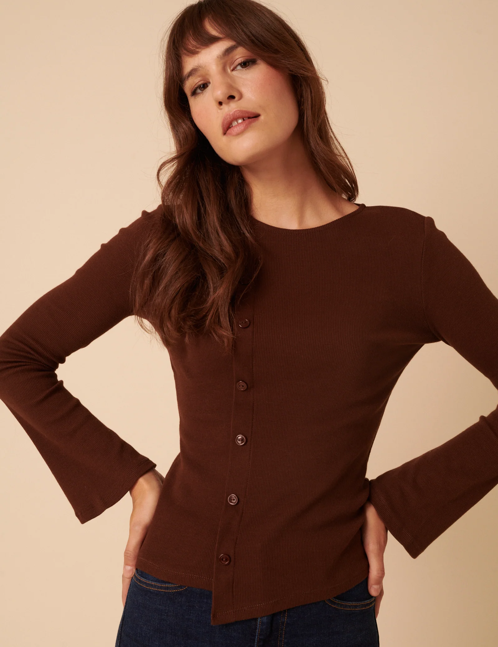 Brown Asymmetric Button Through Top - Image 2