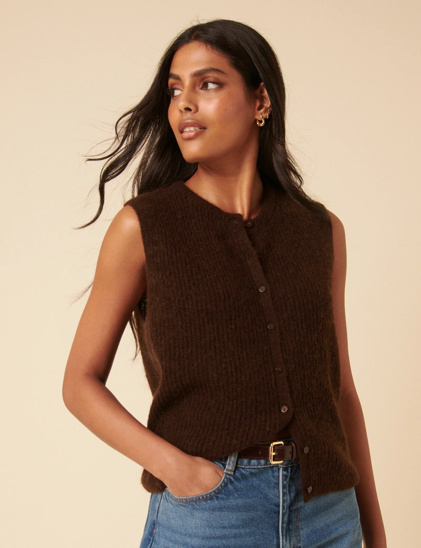 Brown Button Down Mohair Knitted Vest - Image 2