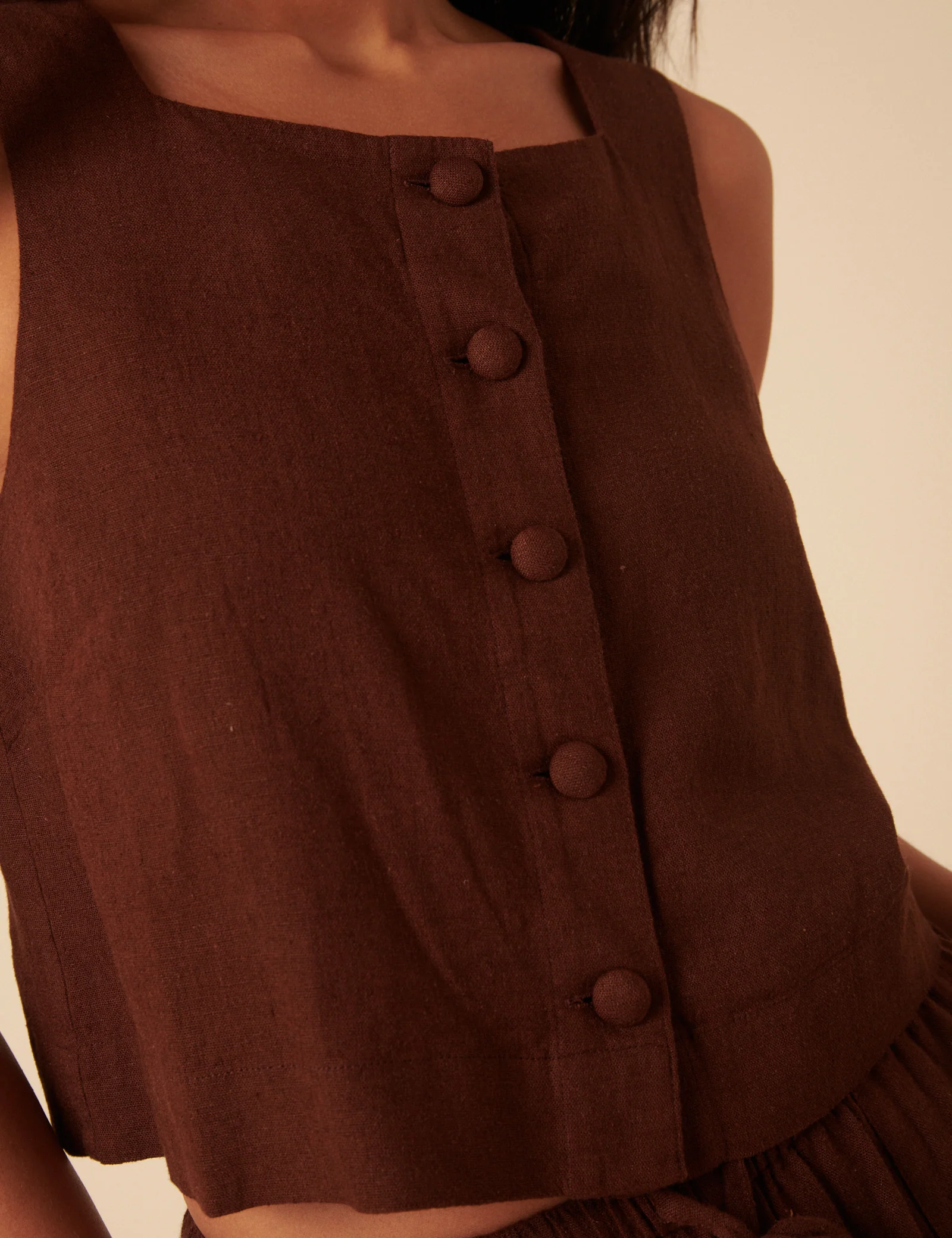 Brown Linen-Blend Button Front Top - Image 3