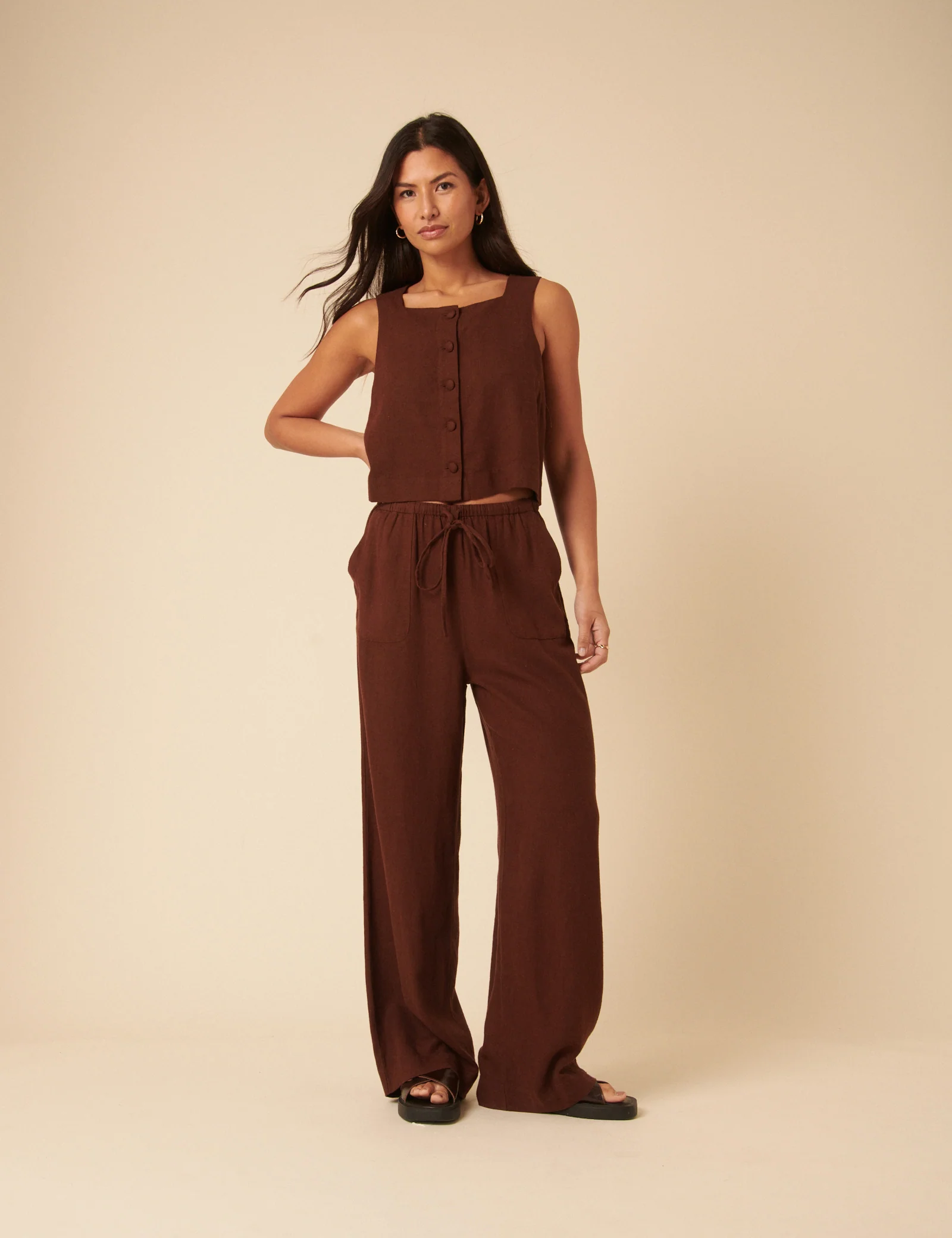 Brown Linen-Blend Button Front Top - Image 4