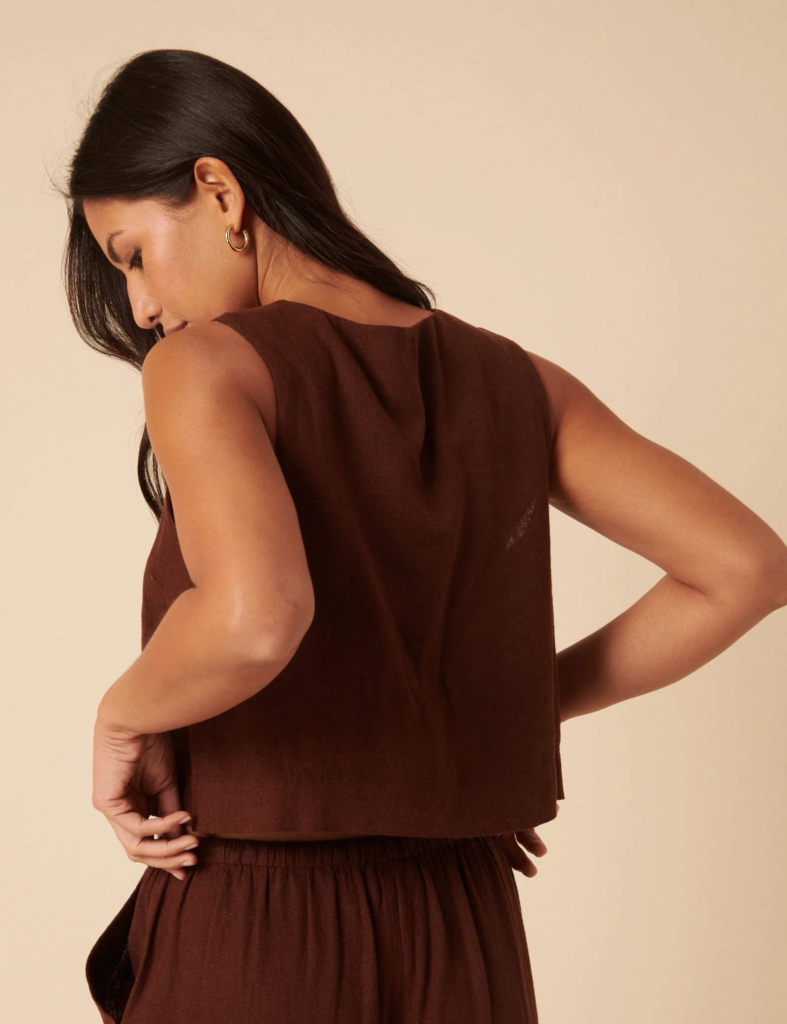 Brown Linen-Blend Button Front Top - Image 5