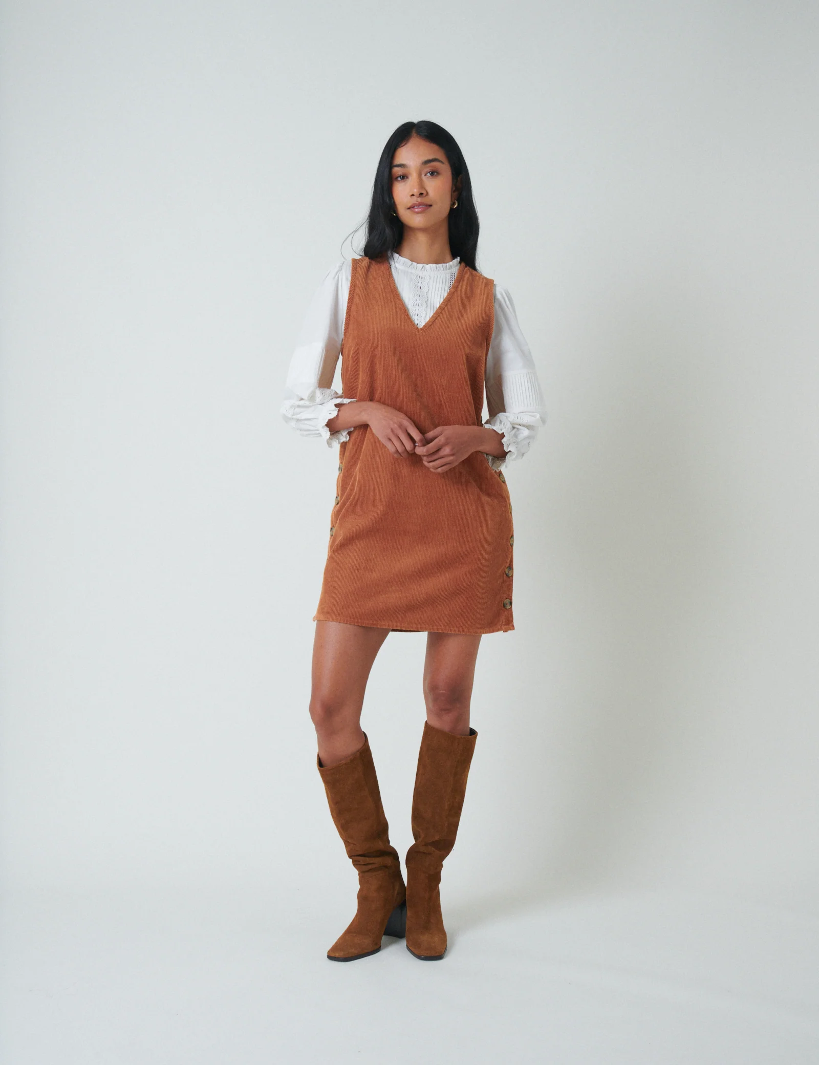 Brown Cord Austin Pinafore Mini Dress - Image 4