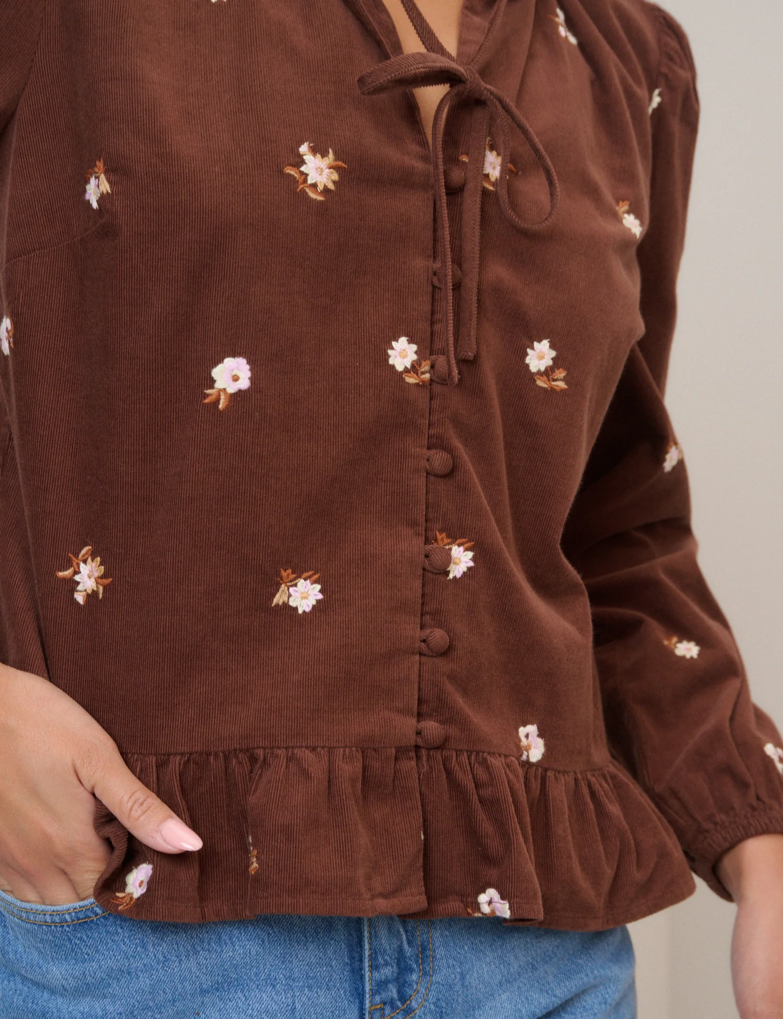 Brown Cord Floral Embroidered Frill Blouse - Image 2