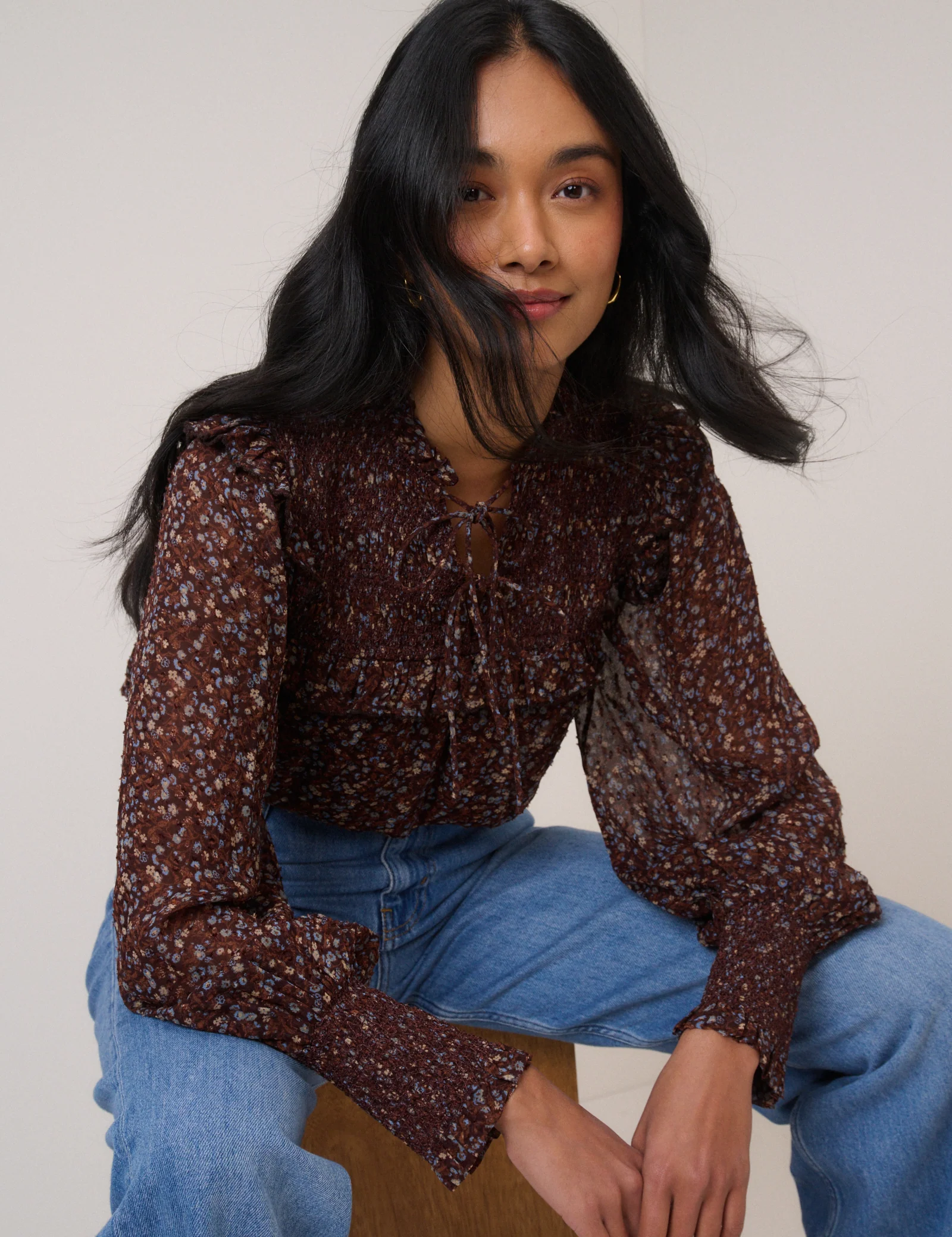 Brown Ditsy Floral Blouson Sleeve Blouse - Image 4
