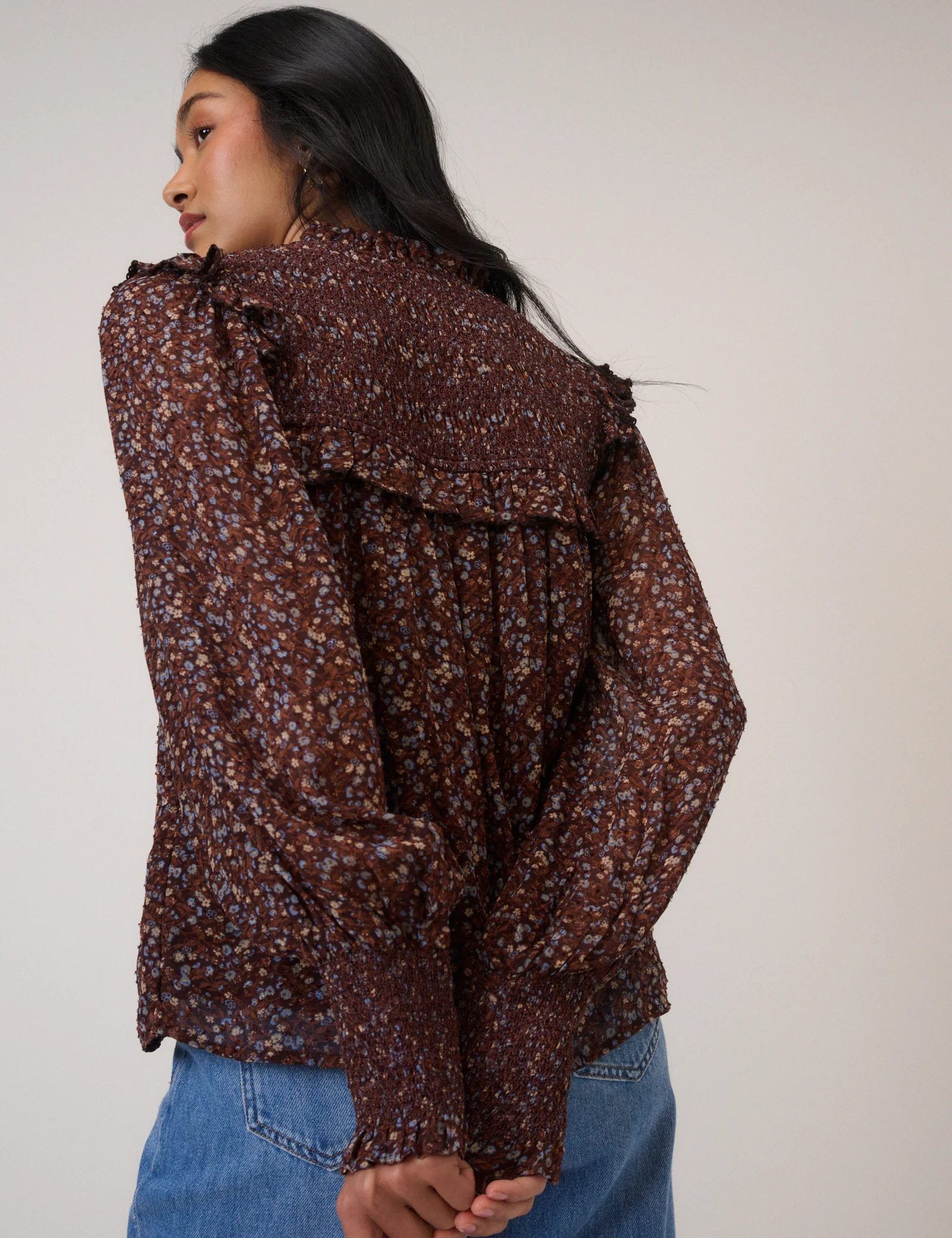 Brown Ditsy Floral Blouson Sleeve Blouse - Image 5