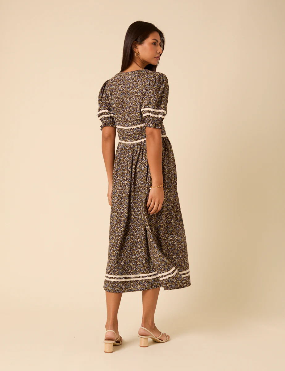 Brown Ditsy Floral Puff Sleeve Saffy Midi Dress - Image 3