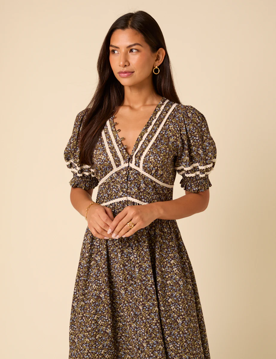 Brown Ditsy Floral Puff Sleeve Saffy Midi Dress - Image 5