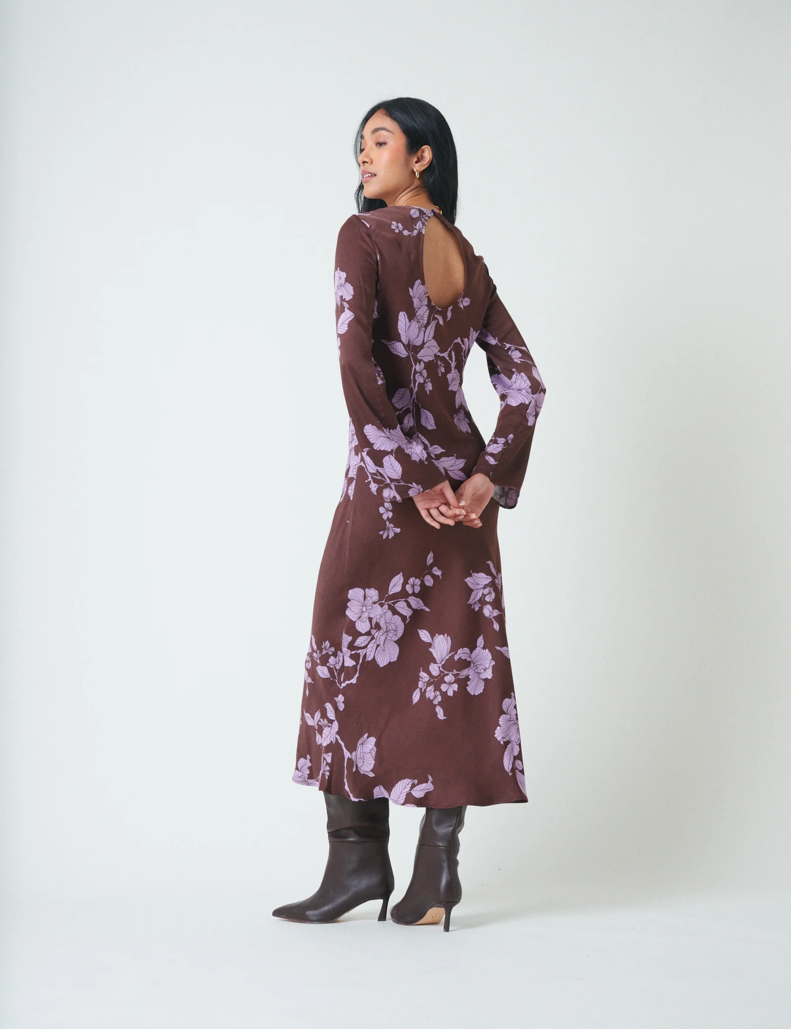 Brown Floral Long Sleeve Shiloh Midi Dress - Image 2