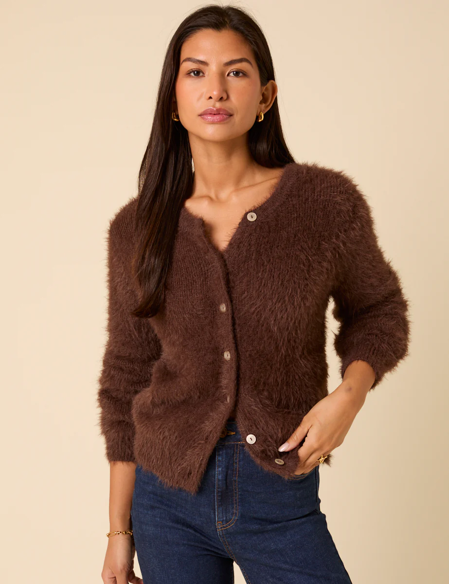 Brown Fluffy Long Sleeve Knitted Cardigan - Image 2