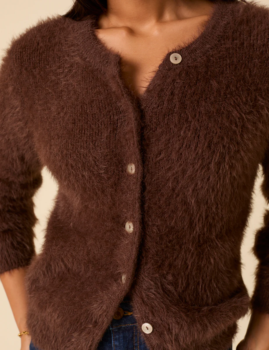 Brown Fluffy Long Sleeve Knitted Cardigan - Image 5