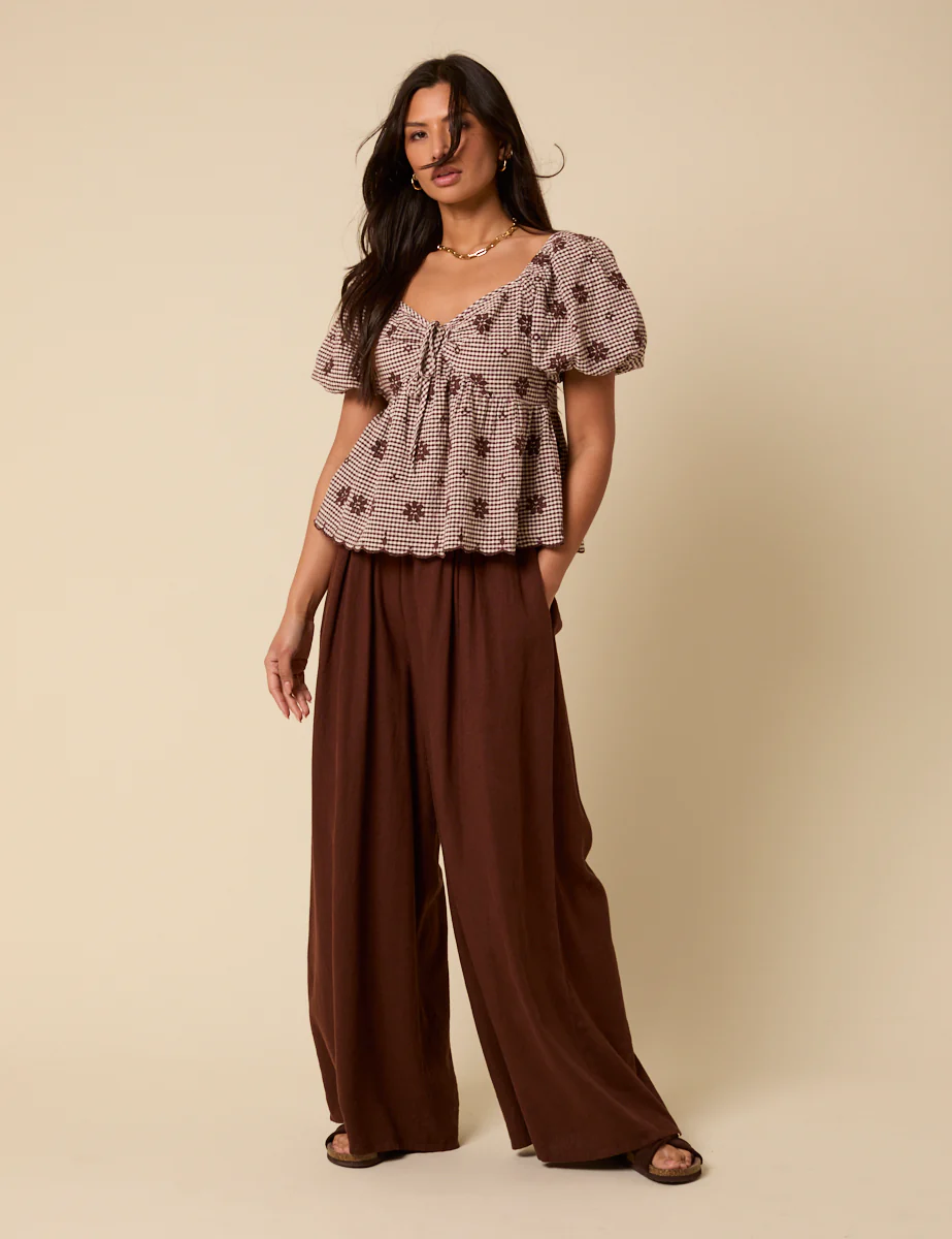 Brown Gingham Embroidered Top - Image 2