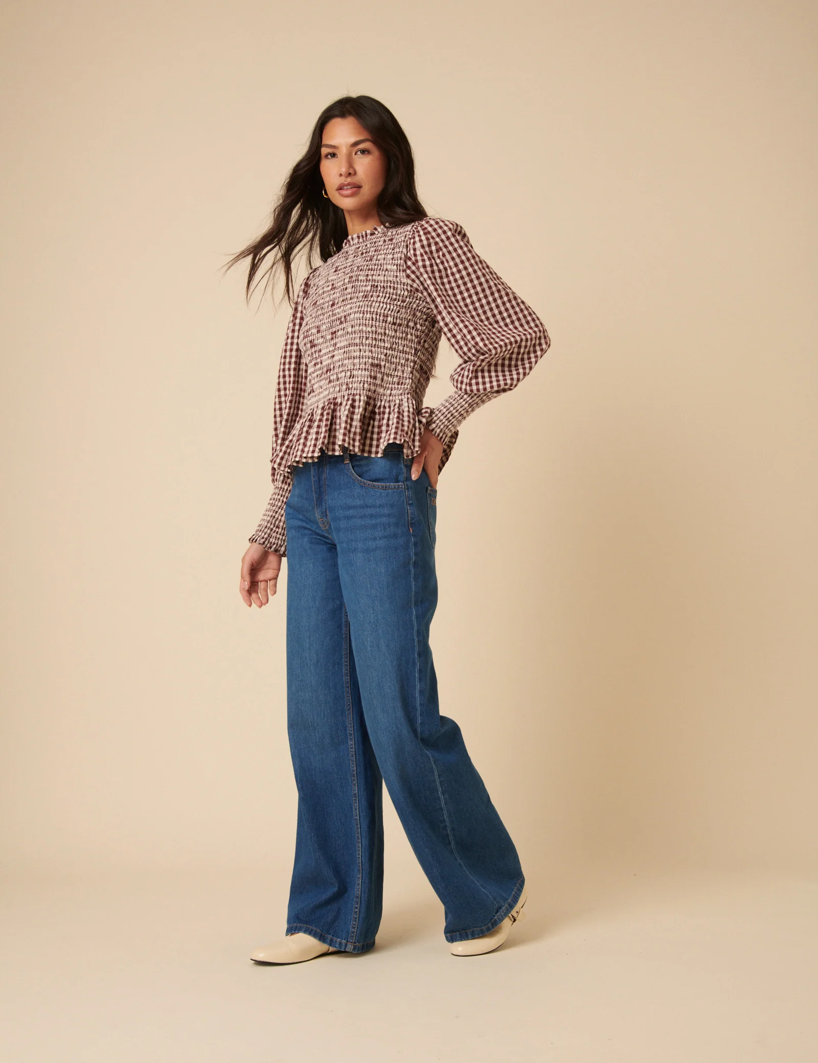 Brown Gingham Shirred Long Sleeve Top - Image 2