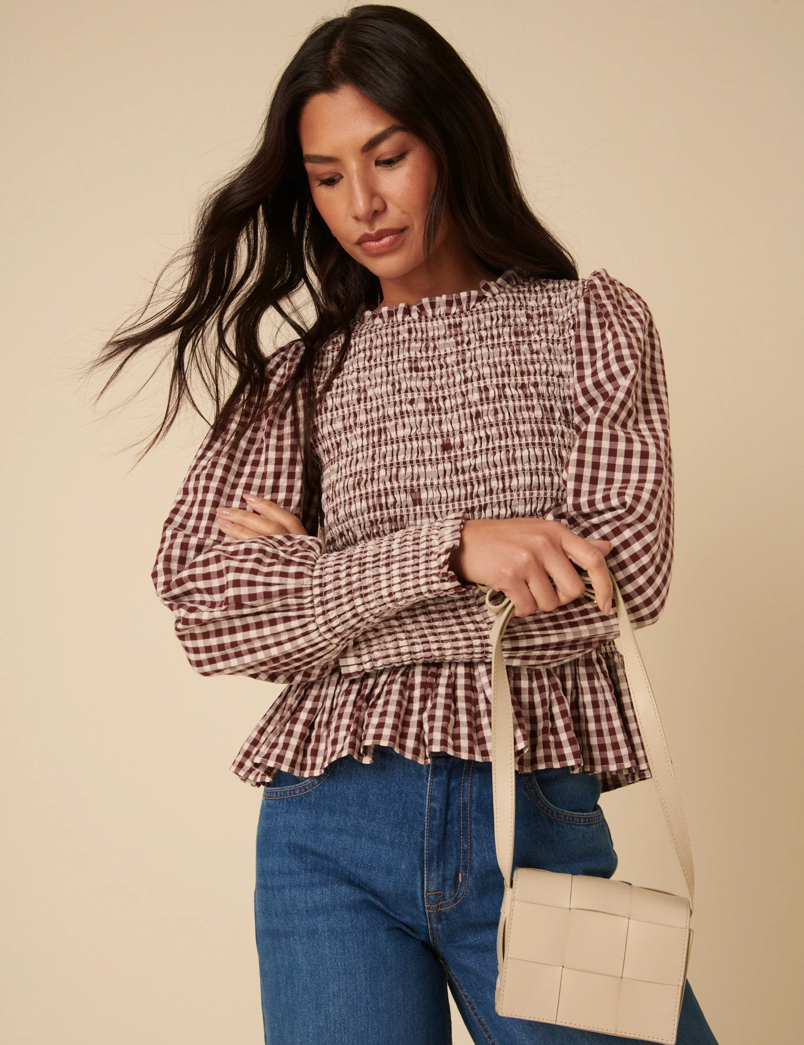 Brown Gingham Shirred Long Sleeve Top - Image 3
