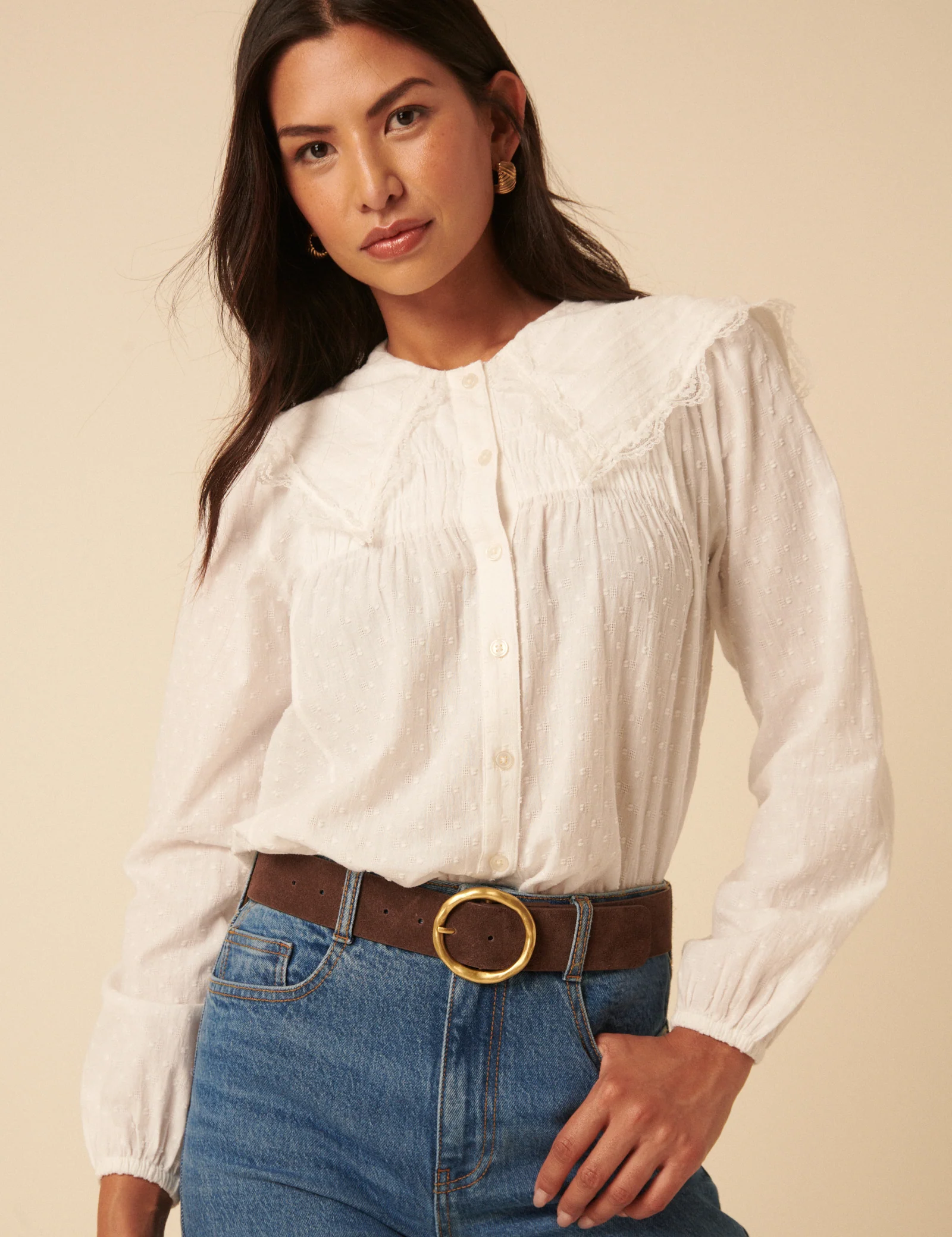 Brown Gold Circular Buckle Suede Belt - Image 3