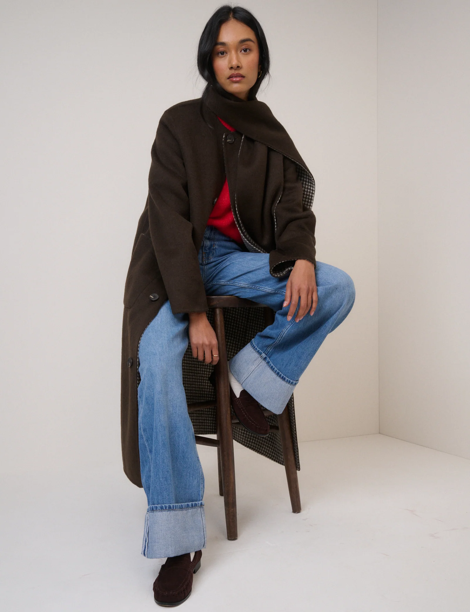 Brown Houndstooth Reversible Scarf Coat - Image 2