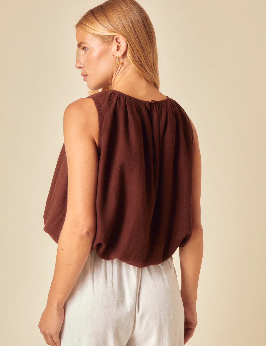 Brown Linen-Blend Bubble Hem Top - Image 3