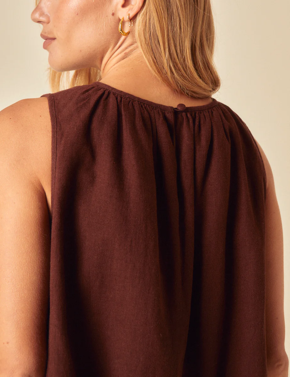Brown Linen-Blend Bubble Hem Top - Image 5