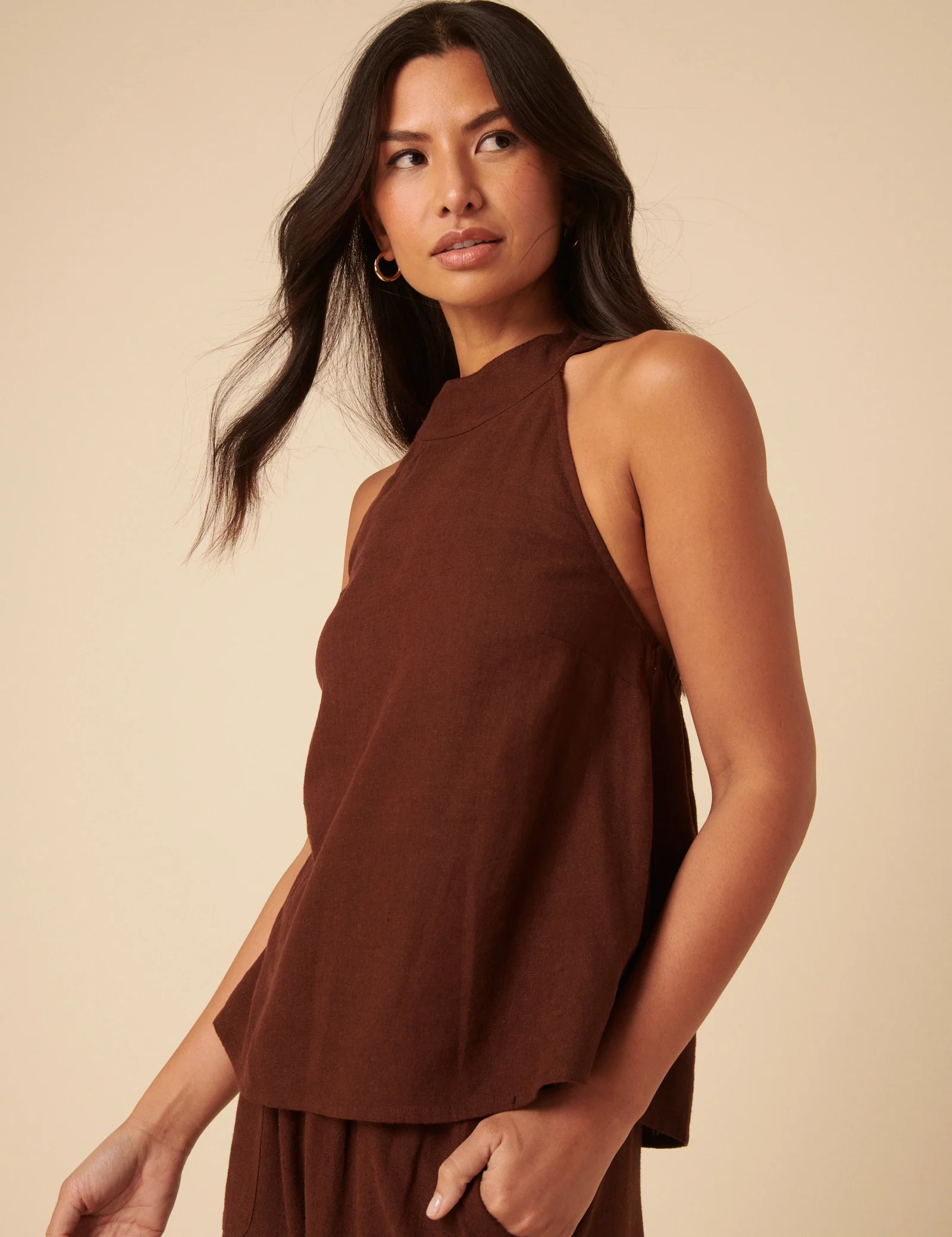 Brown Linen-Blend Halter Neck Top - Image 5