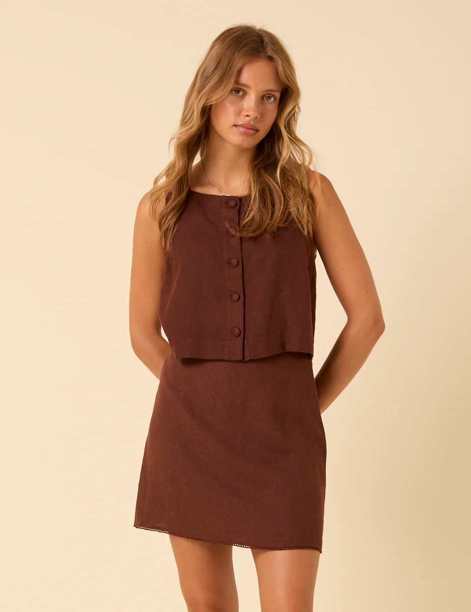 Brown Linen-Blend Mini Skirt - Image 4