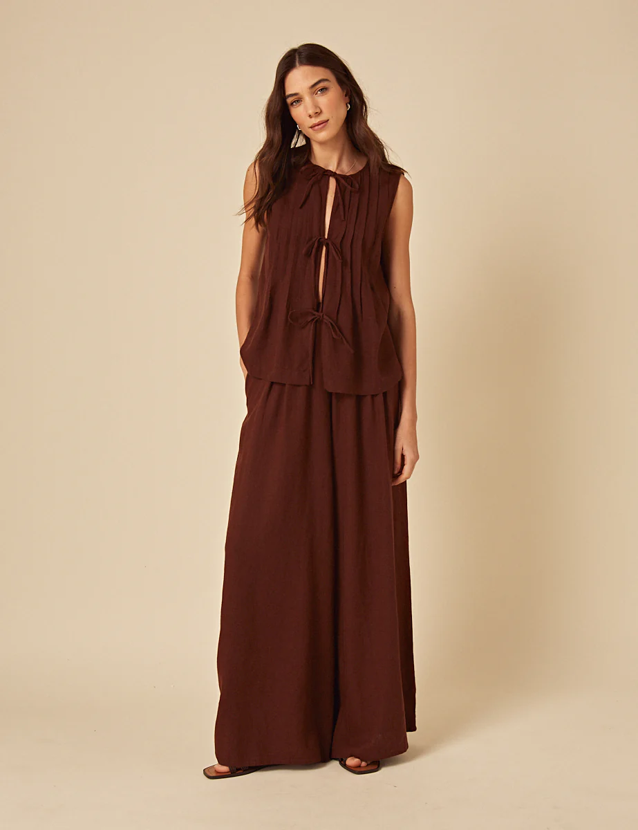 Brown Linen-Blend Tie Front Top - Image 2