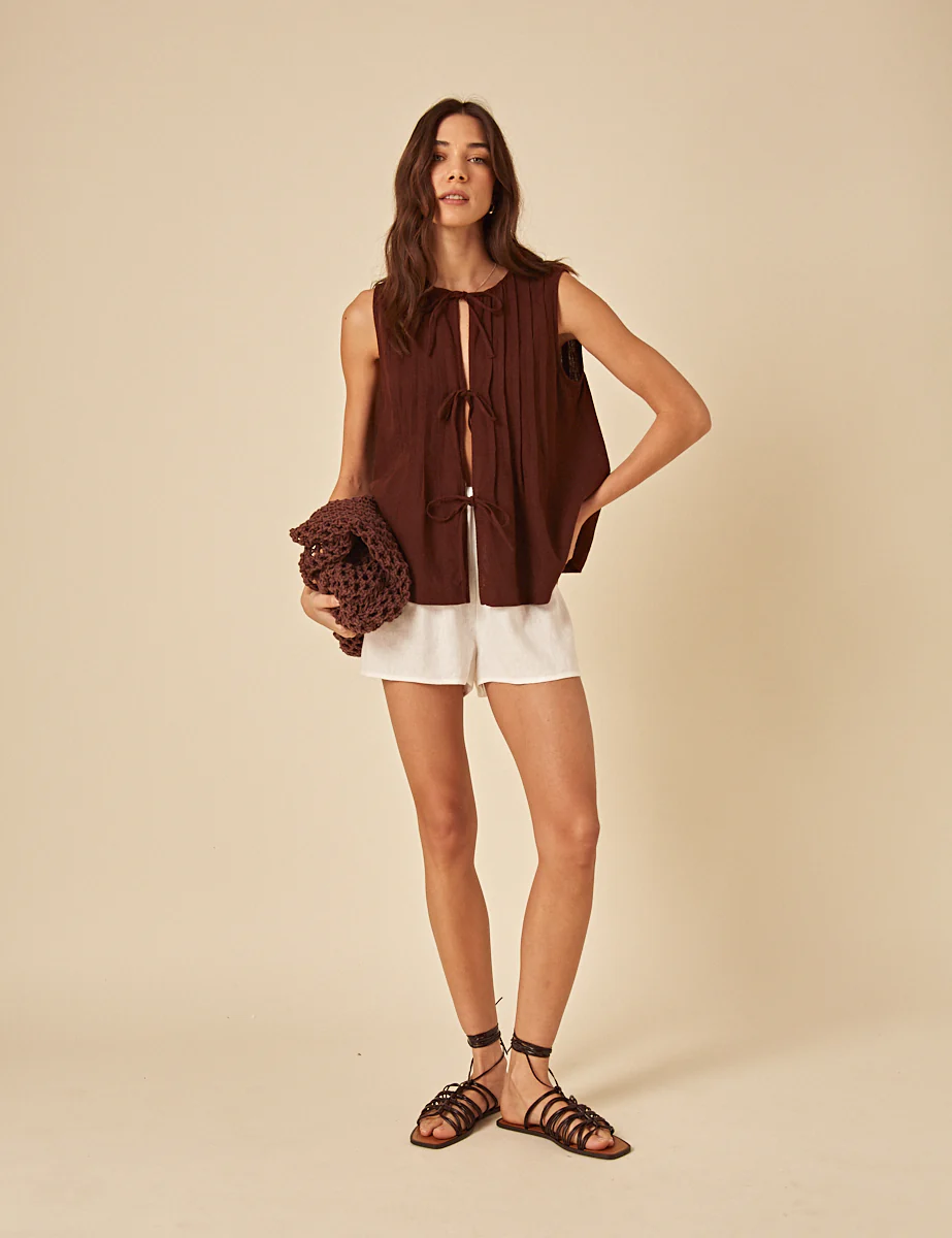 Brown Linen-Blend Tie Front Top - Image 3