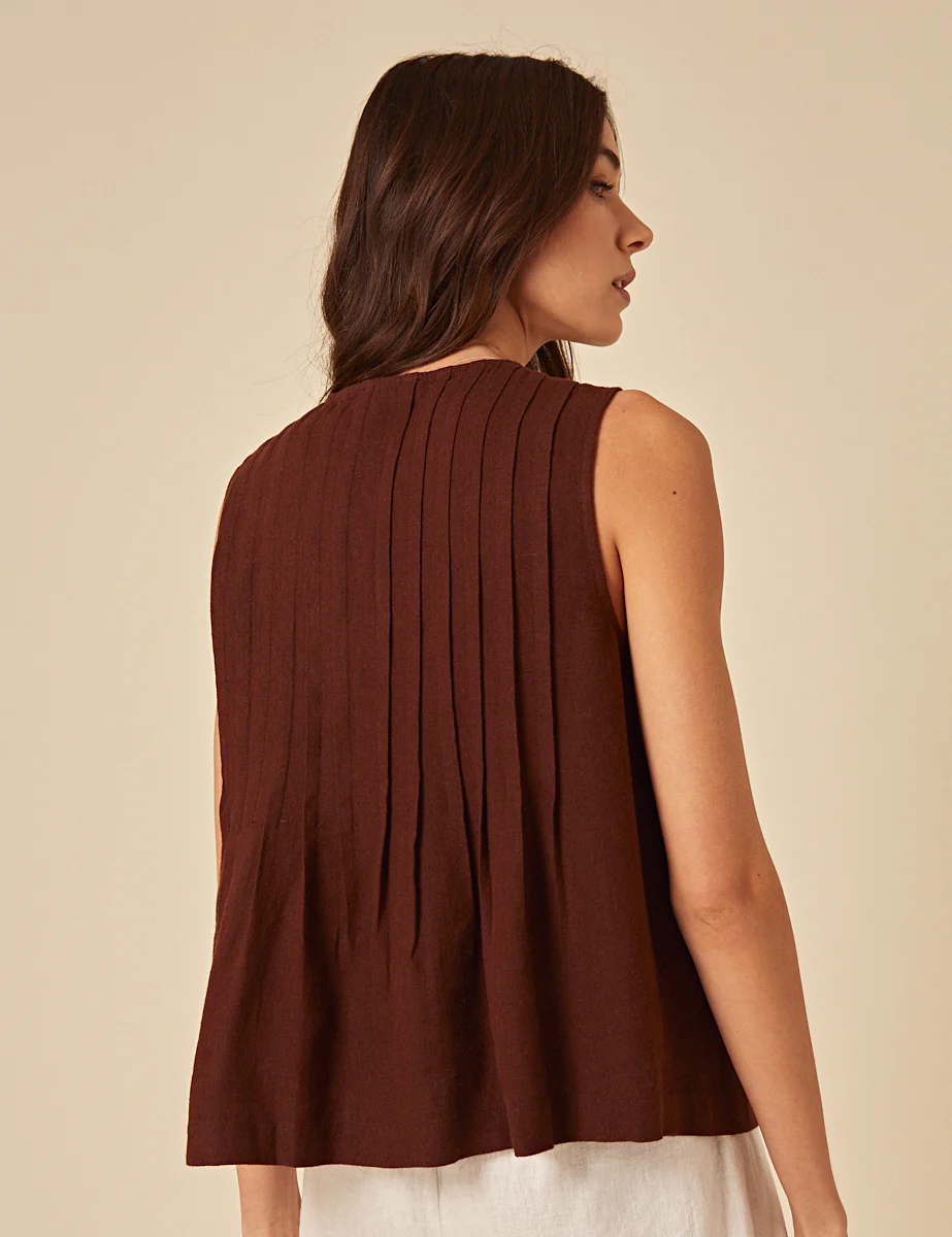 Brown Linen-Blend Tie Front Top - Image 4