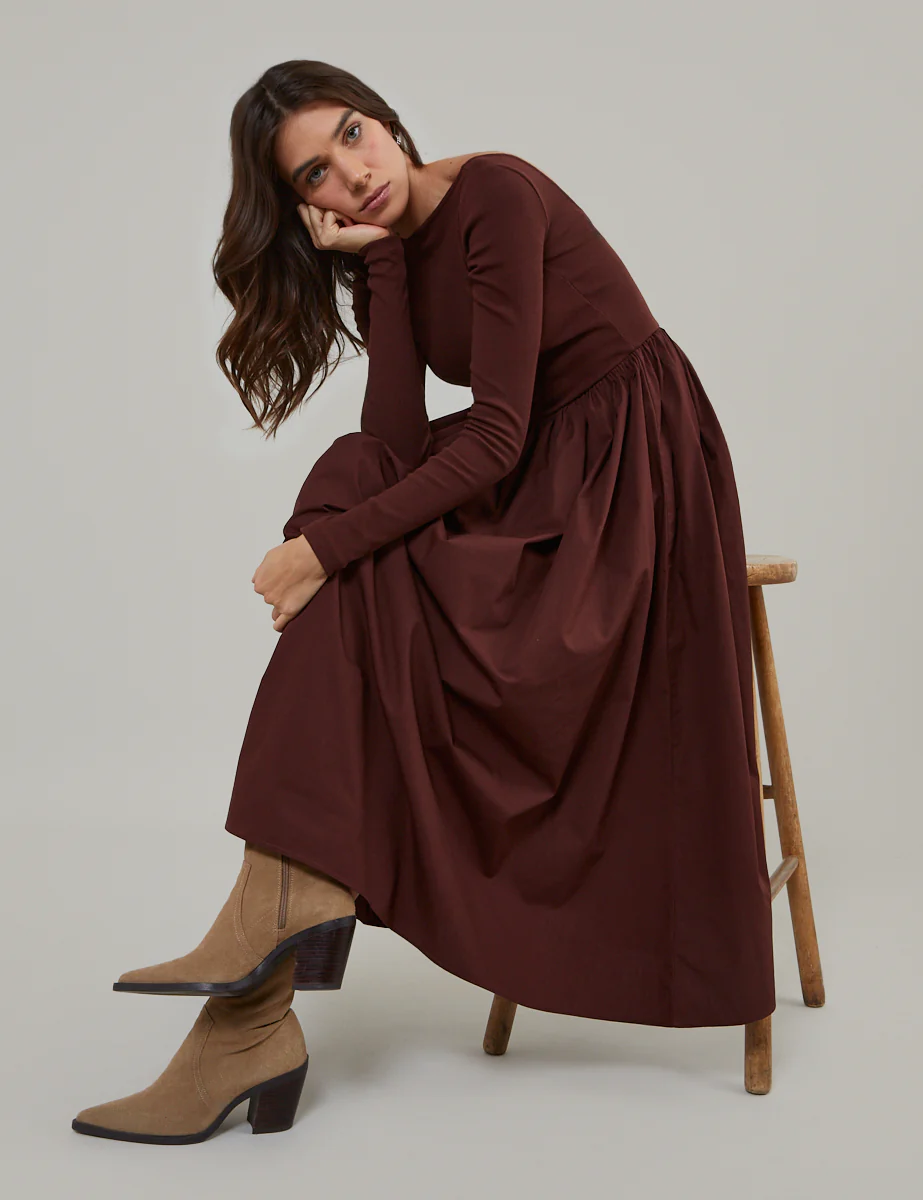 Brown Long Sleeve A-Line Penni Midi Dress - Image 3