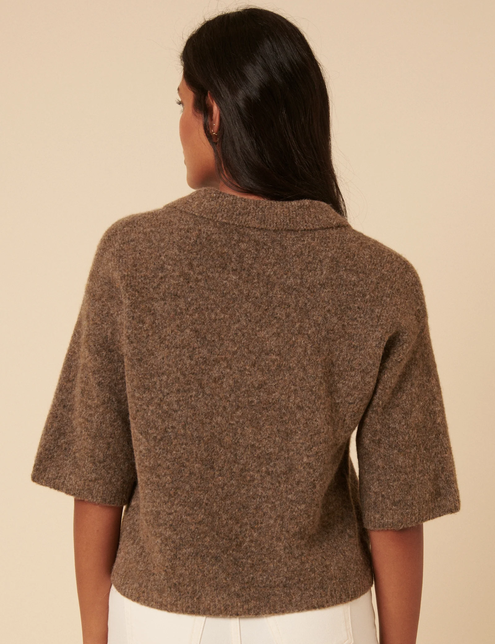 Brown Open Collar Knitted Short Sleeve Jumper - Image 5