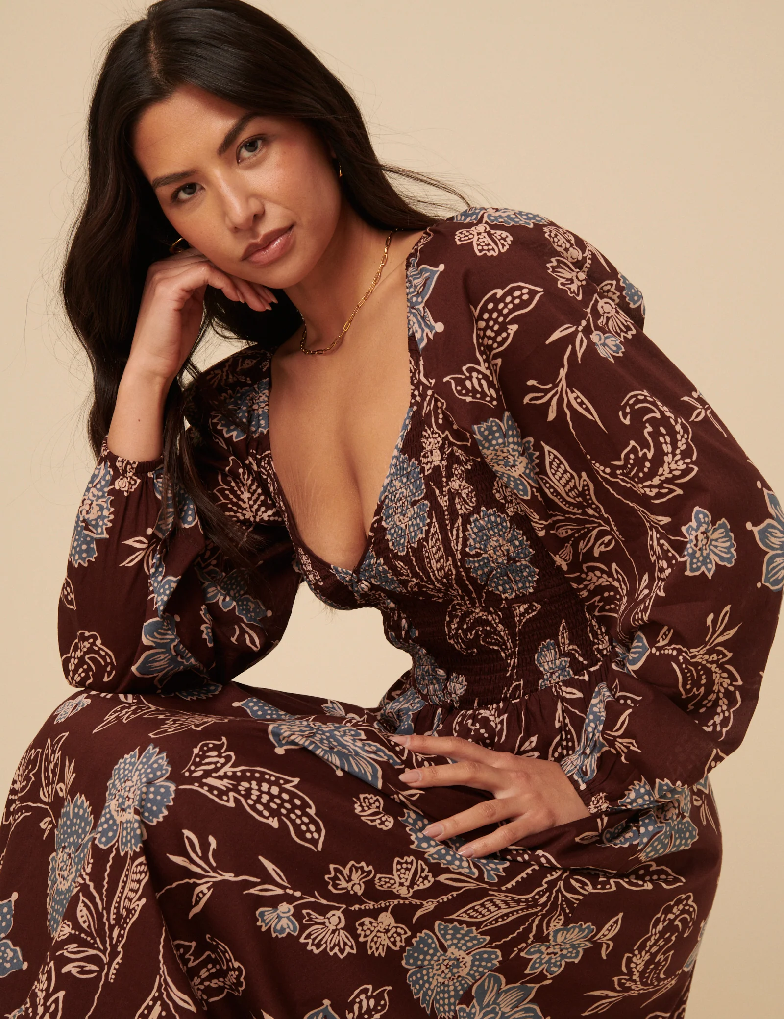 Brown Paisley Print Long Sleeve Amaya Midi Dress - Image 2